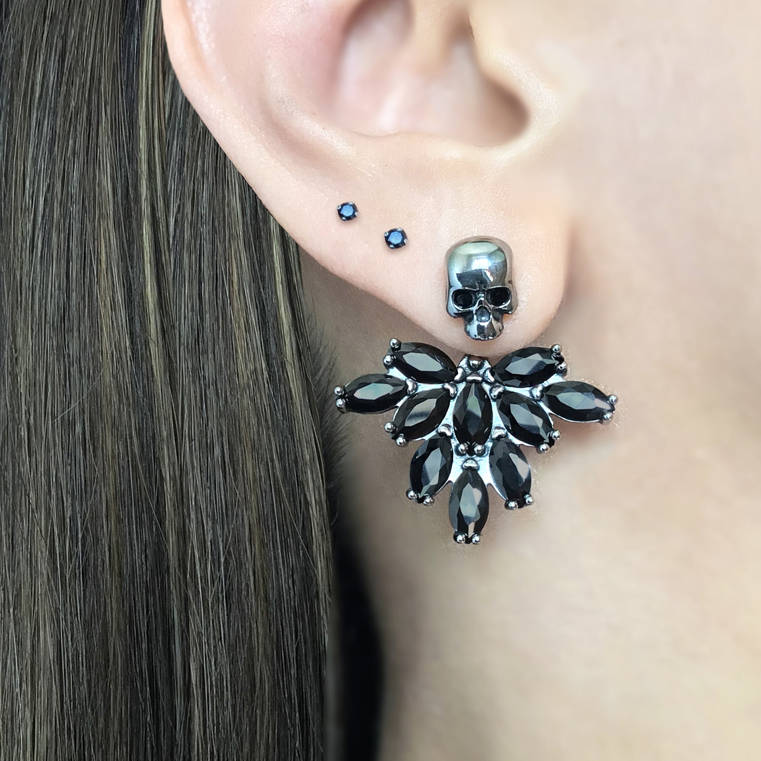 Skull and Crystals ear jacket in Blue