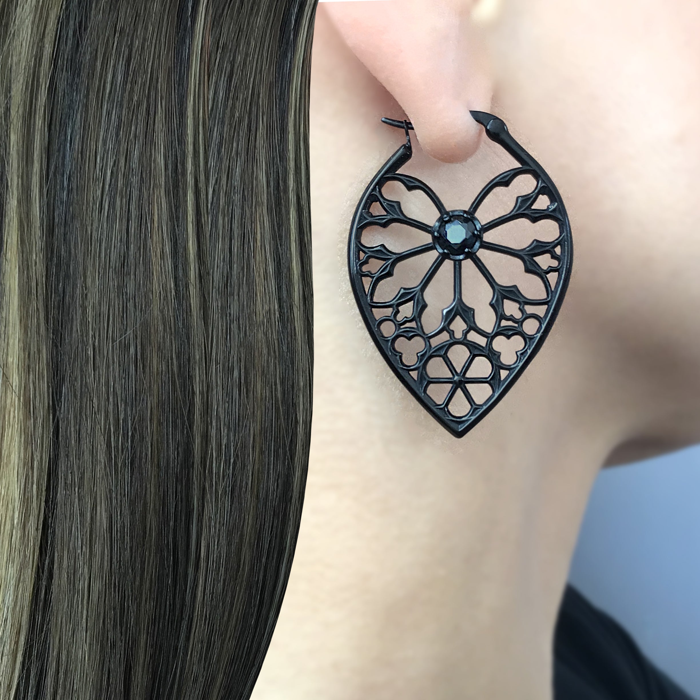Aura Gothic hoop earrings with Black CZ