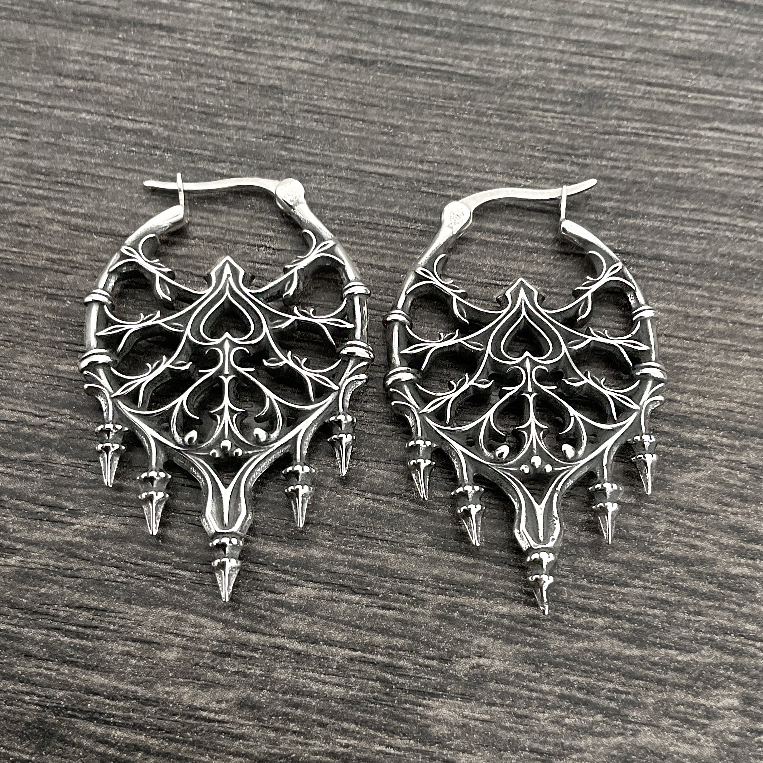 Gothic heart and vines hoop earrings