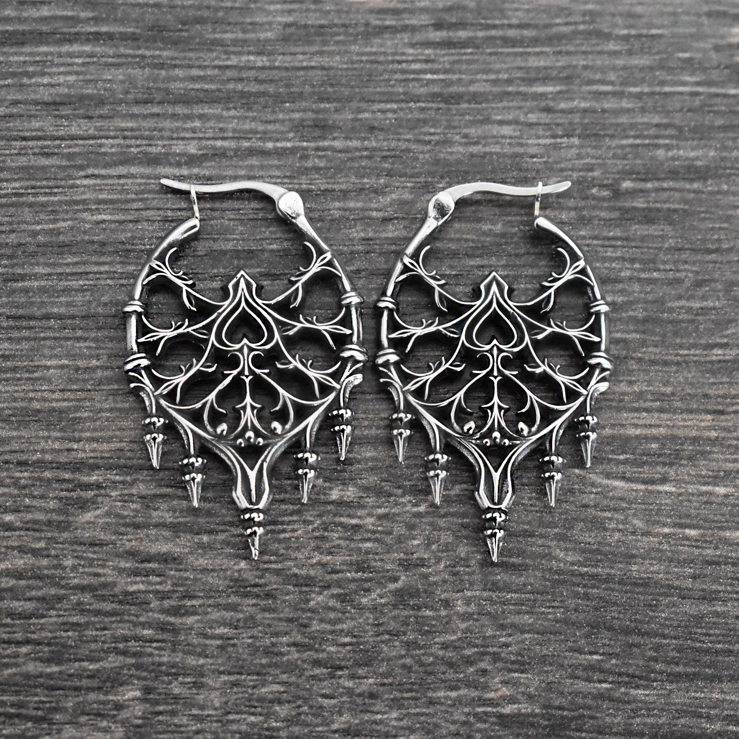 Gothic heart and vines hoop earrings