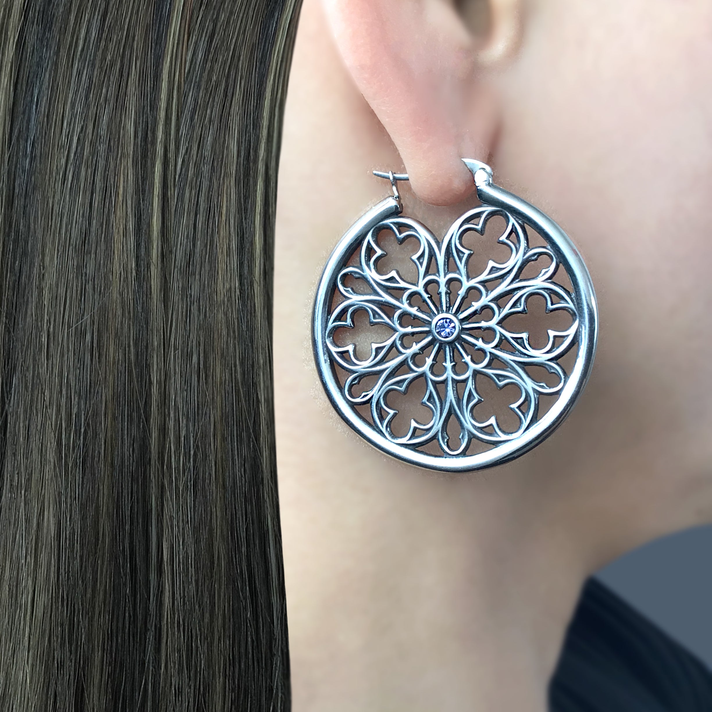 Gothic hoop earrings with Lilac CZ