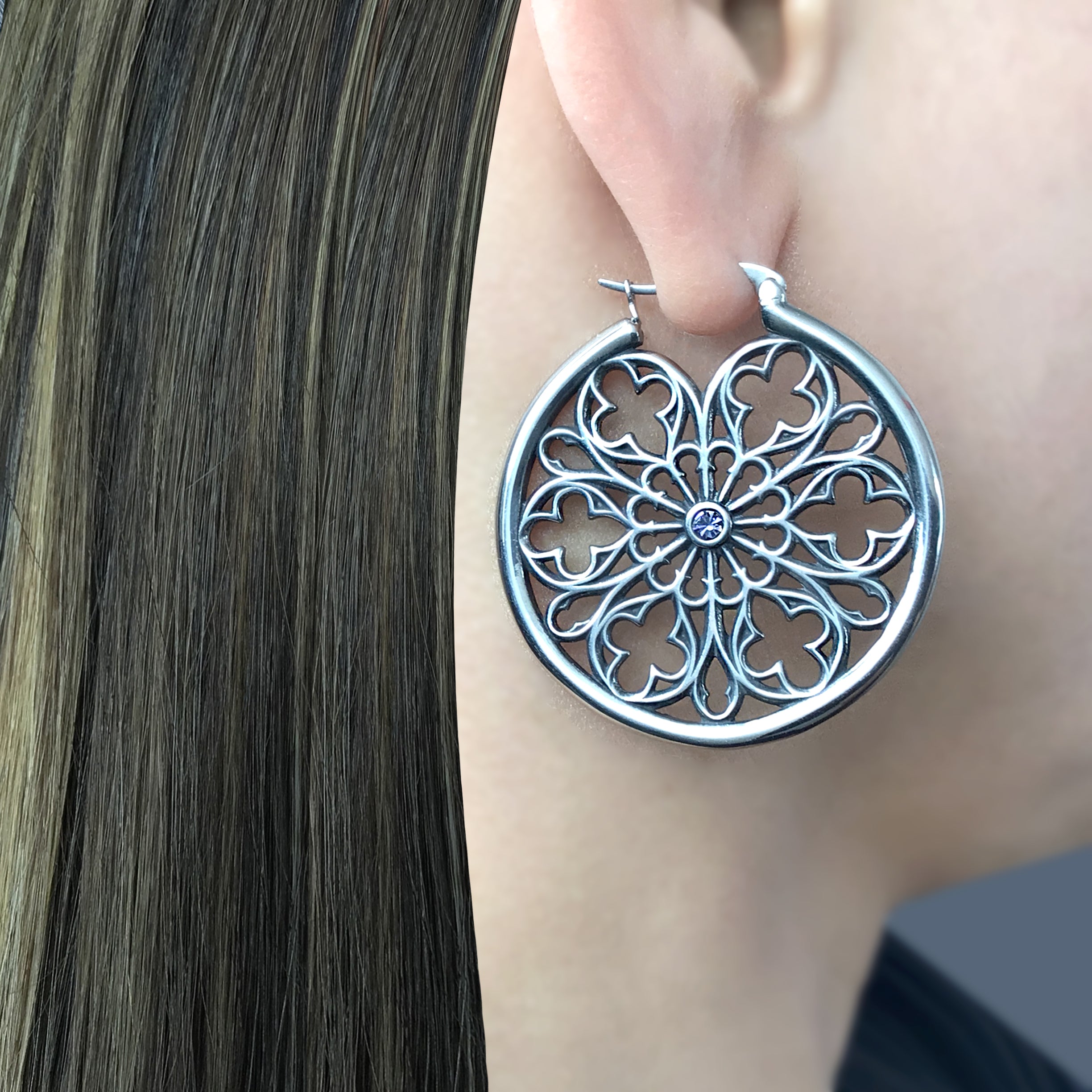 Gothic hoop earrings with Lilac CZ