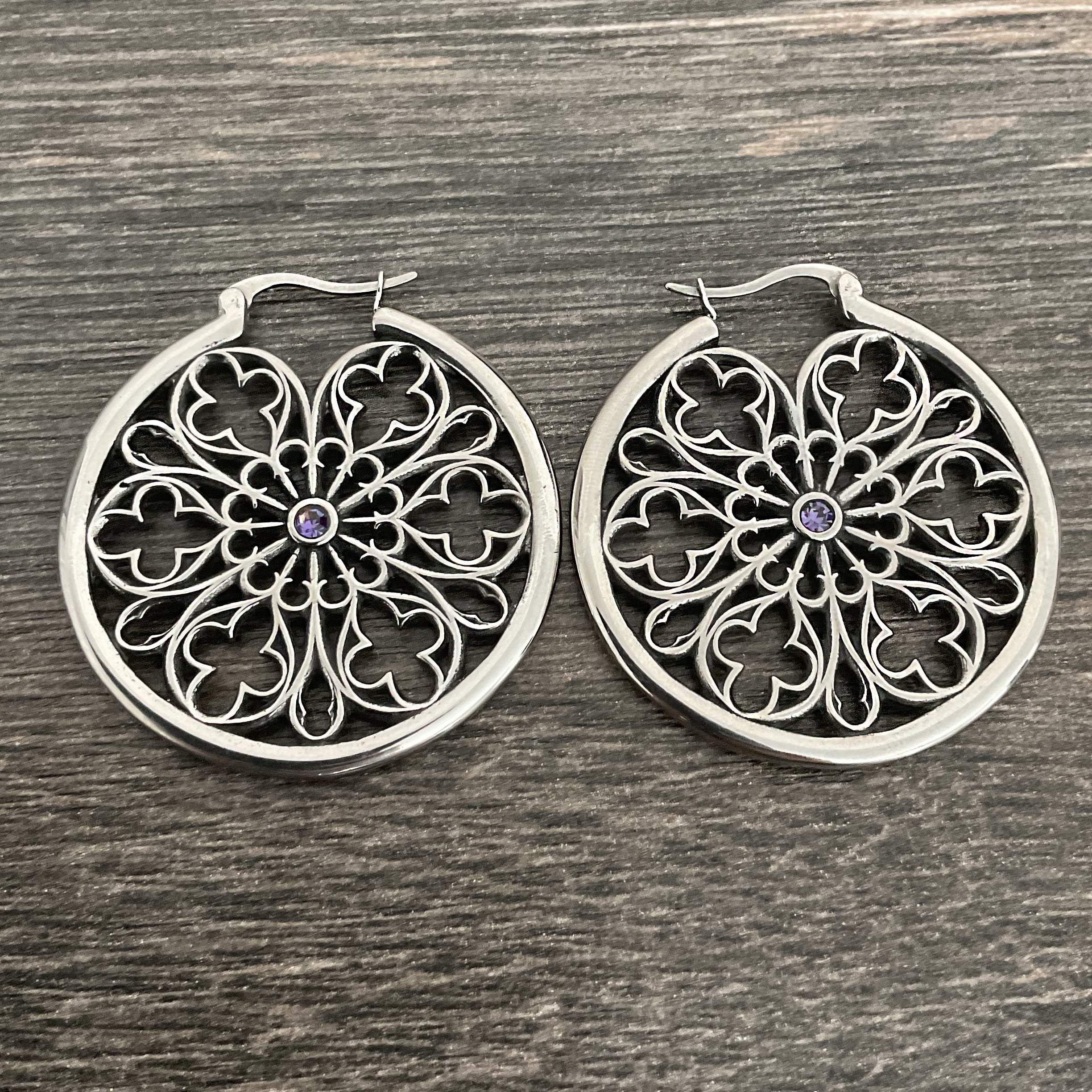 Gothic hoop earrings with Lilac CZ