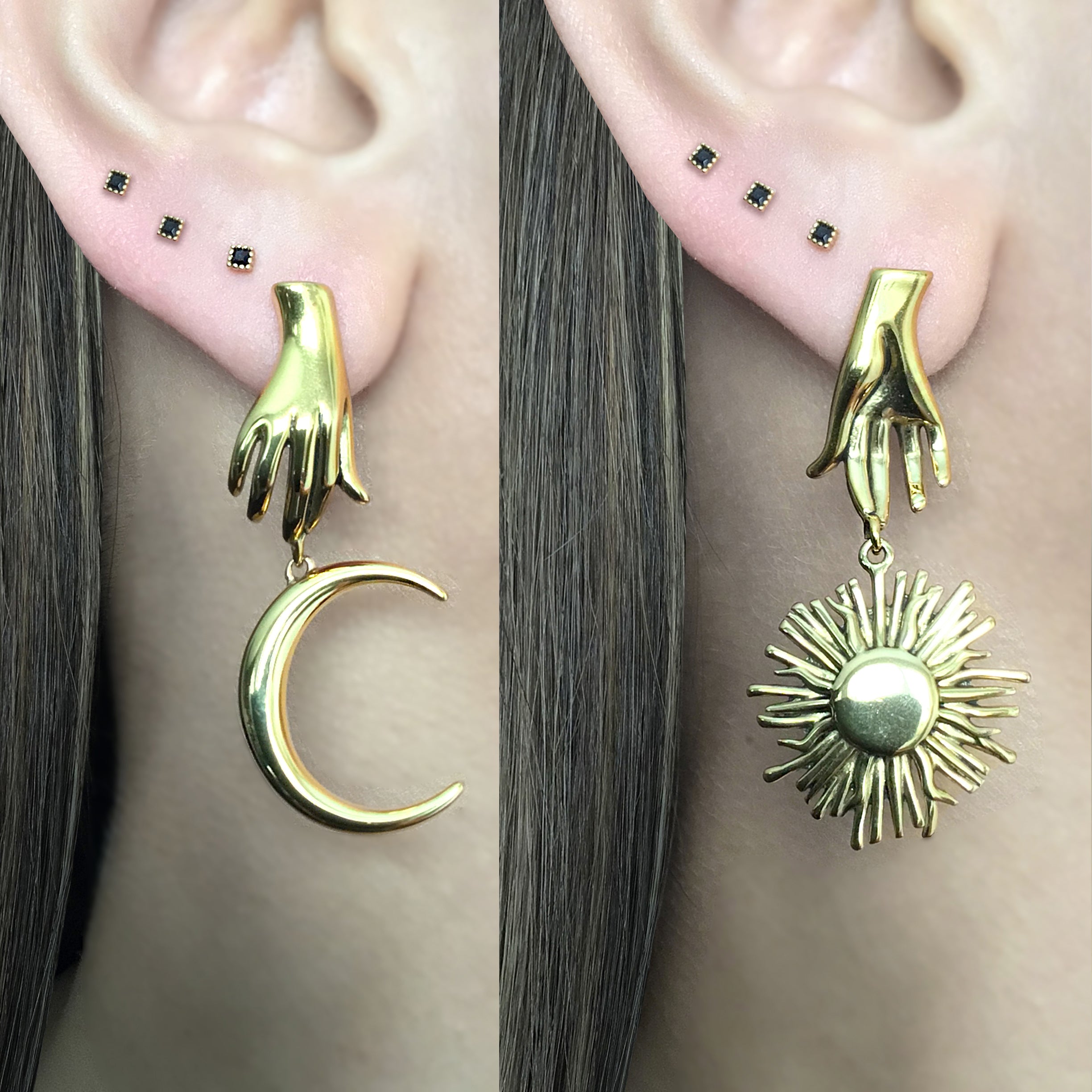 Mismatched Hand holding Sun and Moon earrings