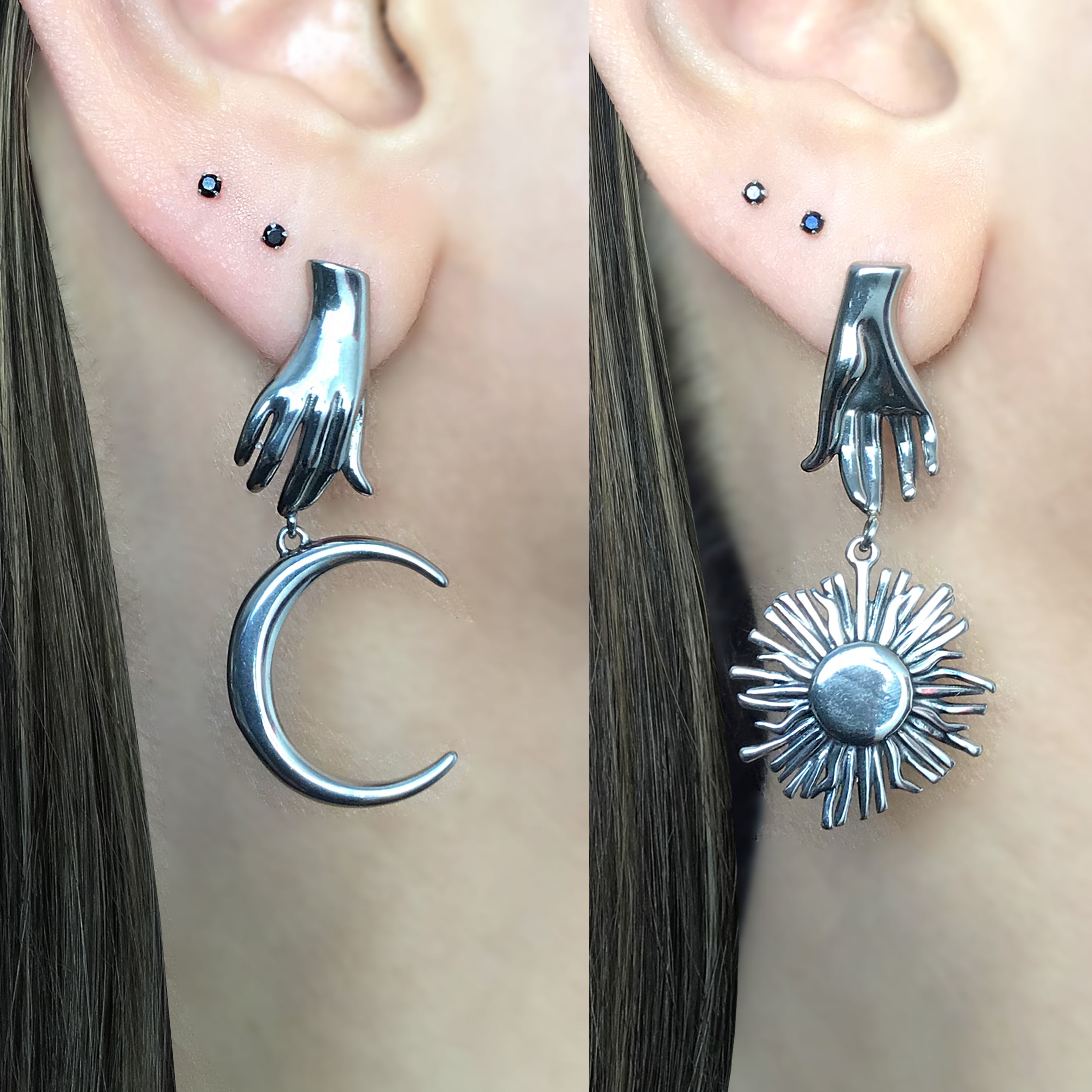Mismatched Hand holding Sun and Moon earrings