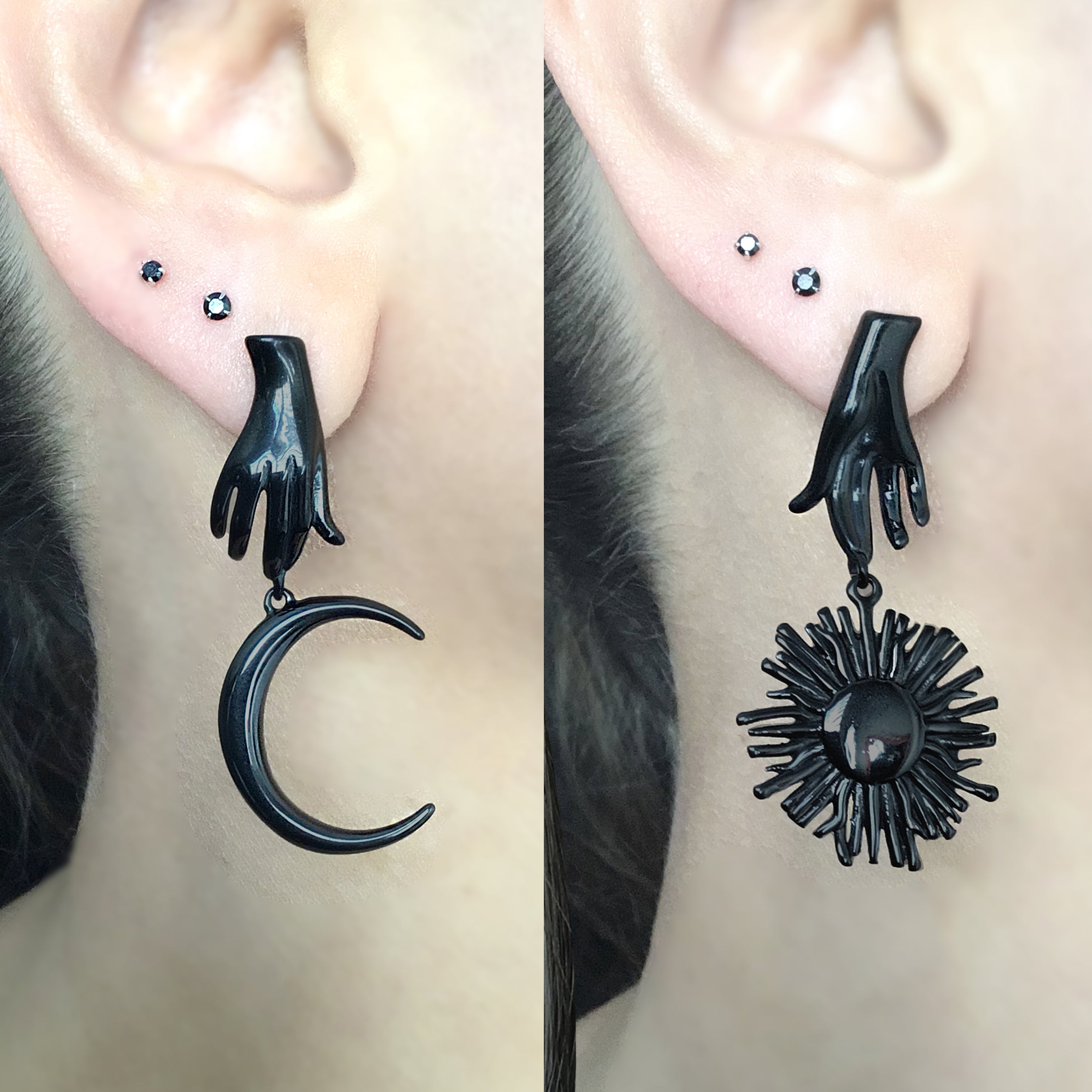 Mismatched Hand holding Sun and Moon earrings