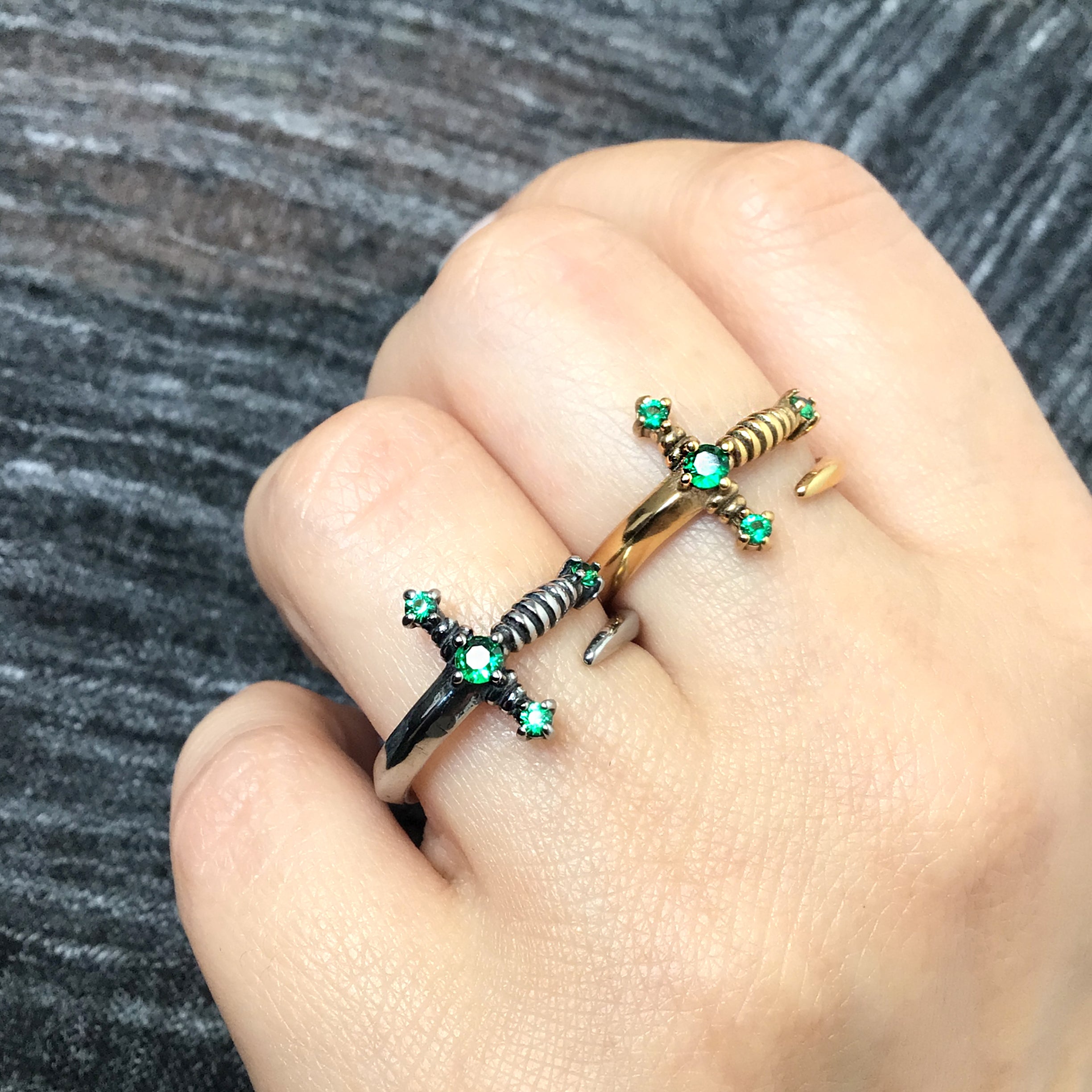 Kali Sword ring with Emerald green CZ stones