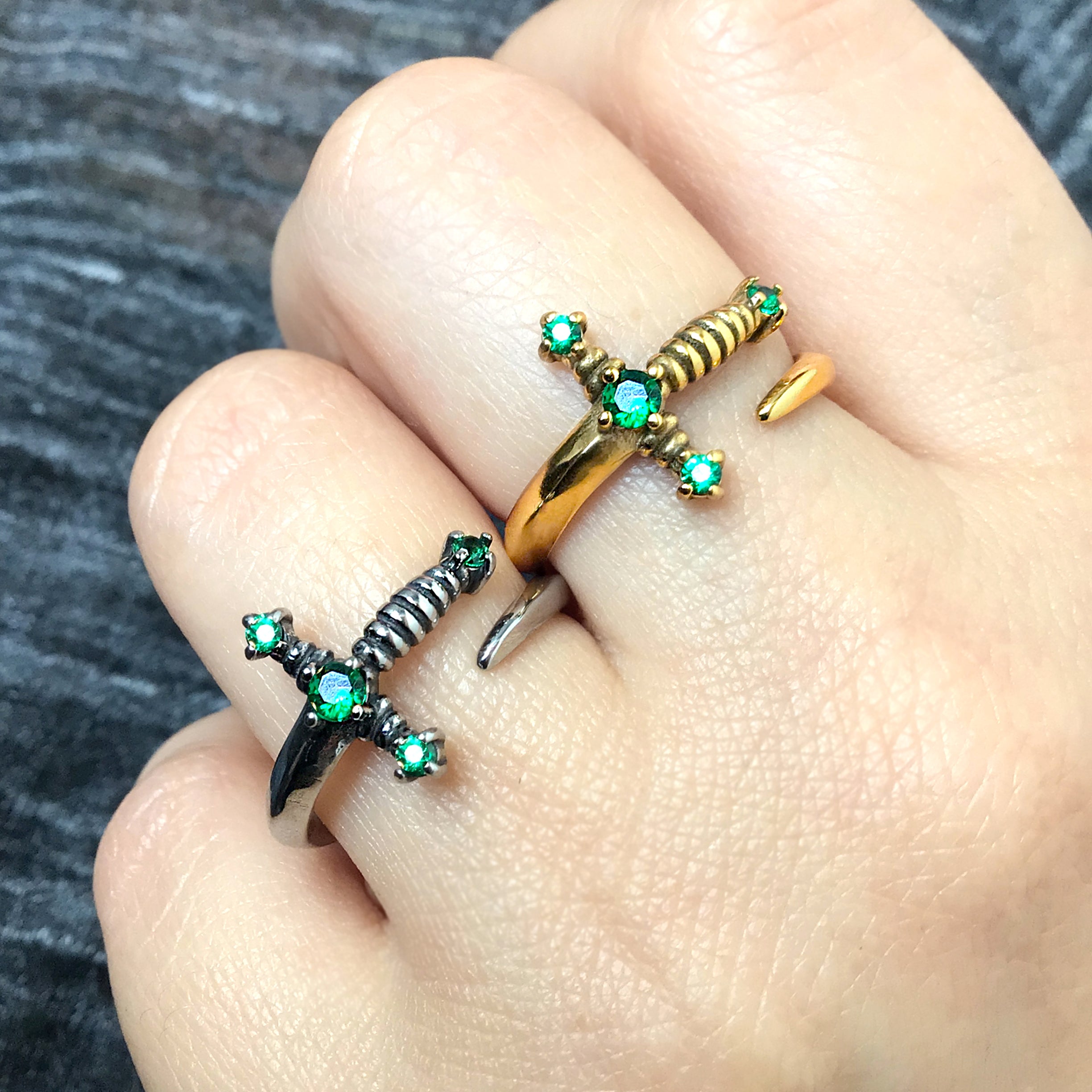 Kali Sword ring with Emerald green CZ stones