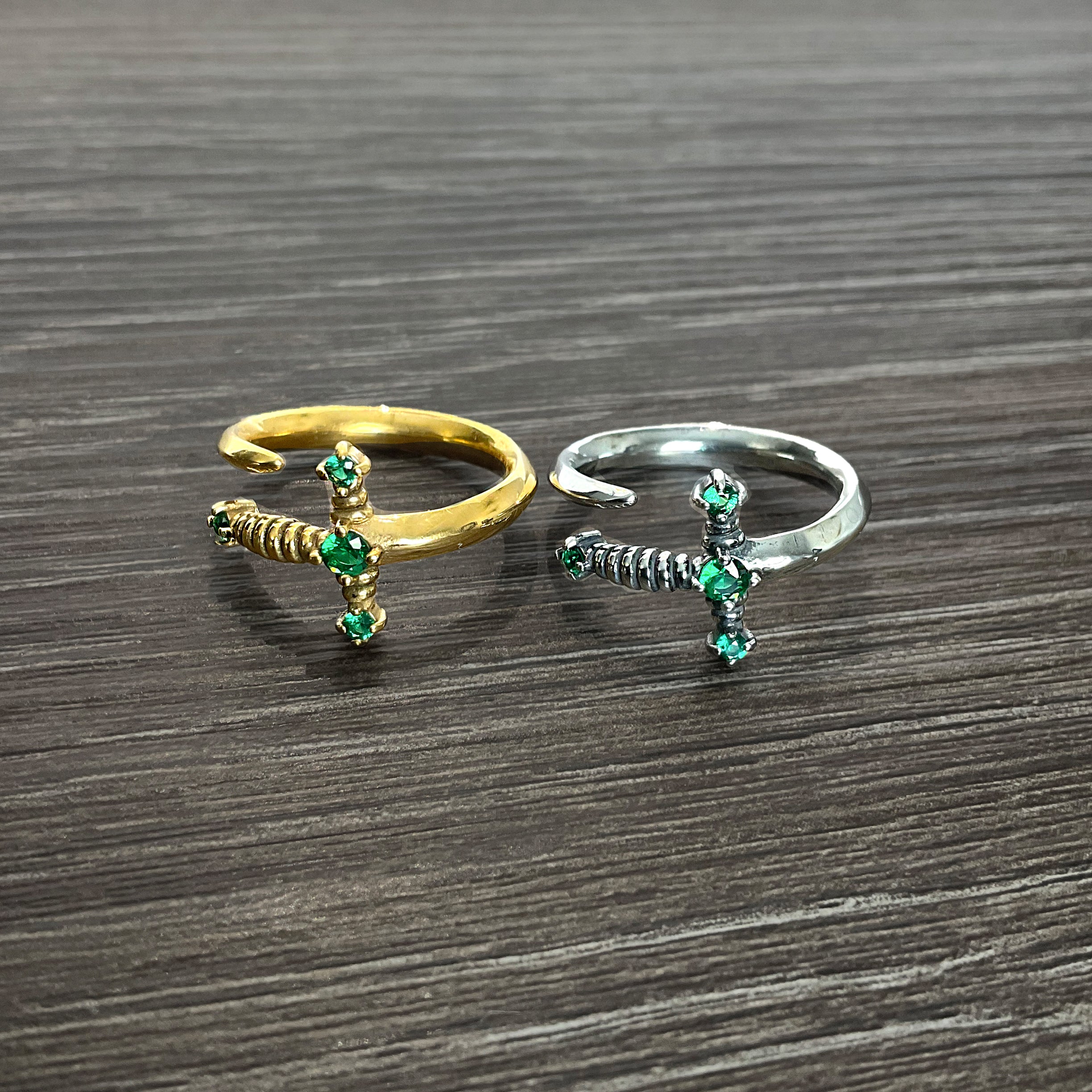 Kali Sword ring with Emerald green CZ stones