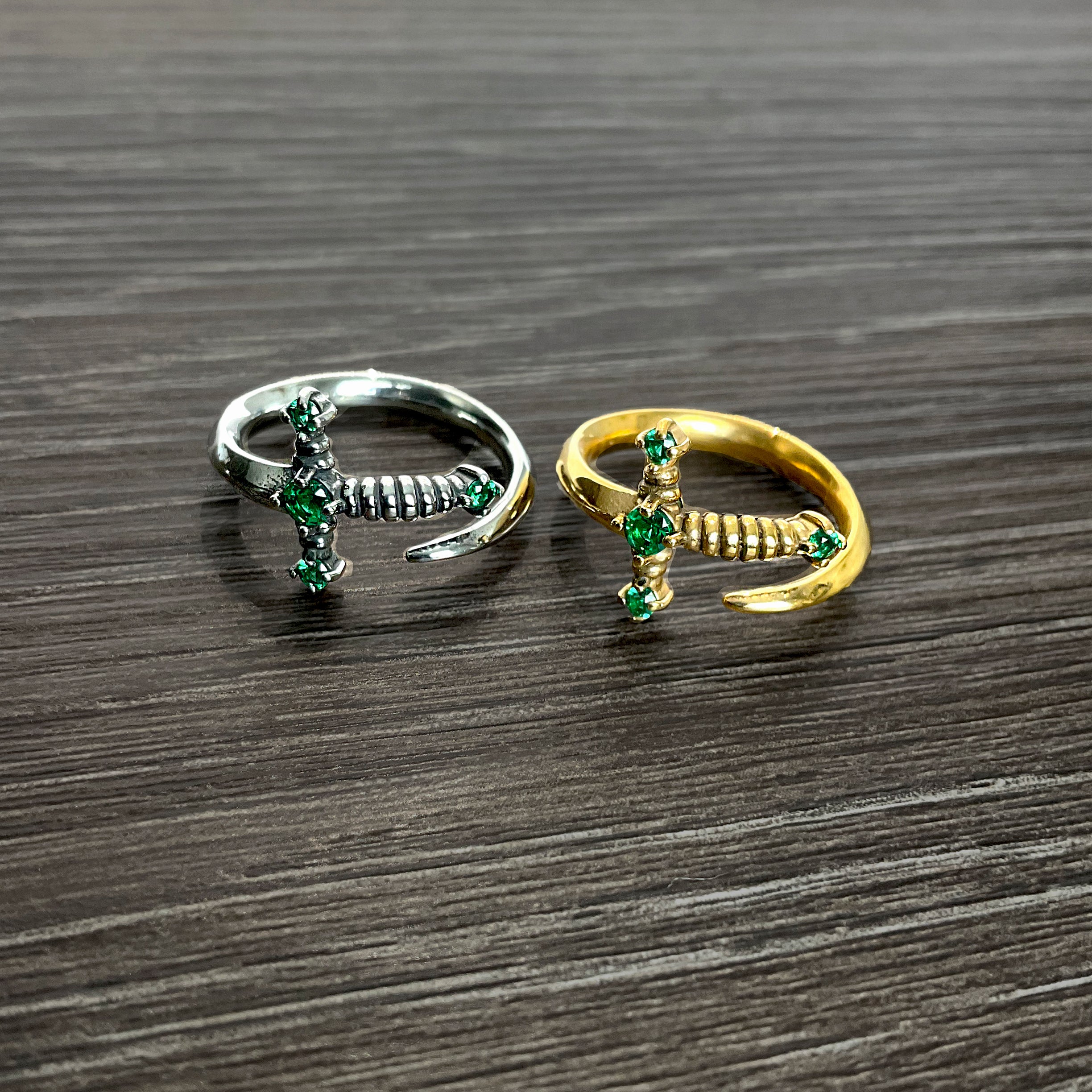 Kali Sword ring with Emerald green CZ stones