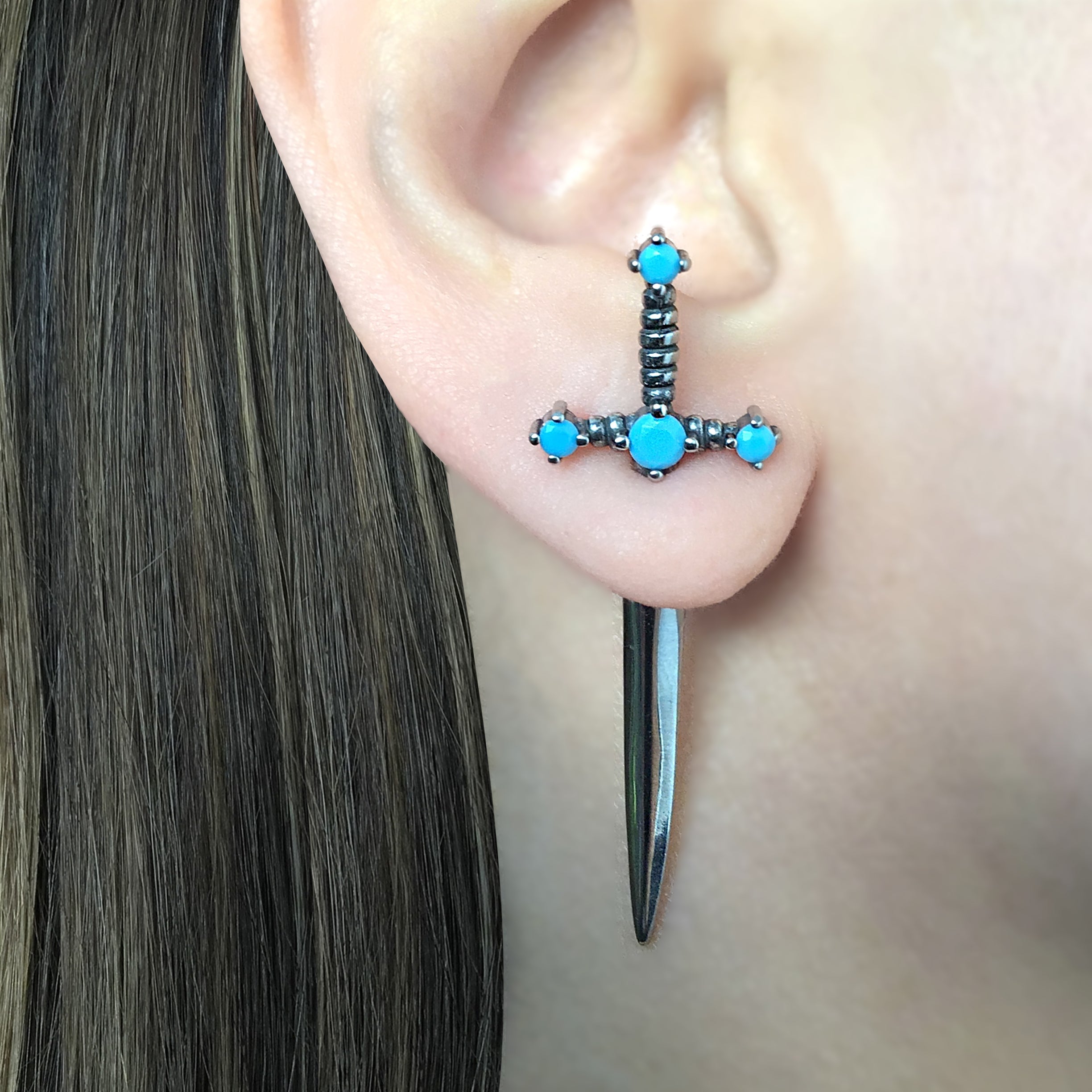 Kali Sword ear jacket with Turquoise CZ gold