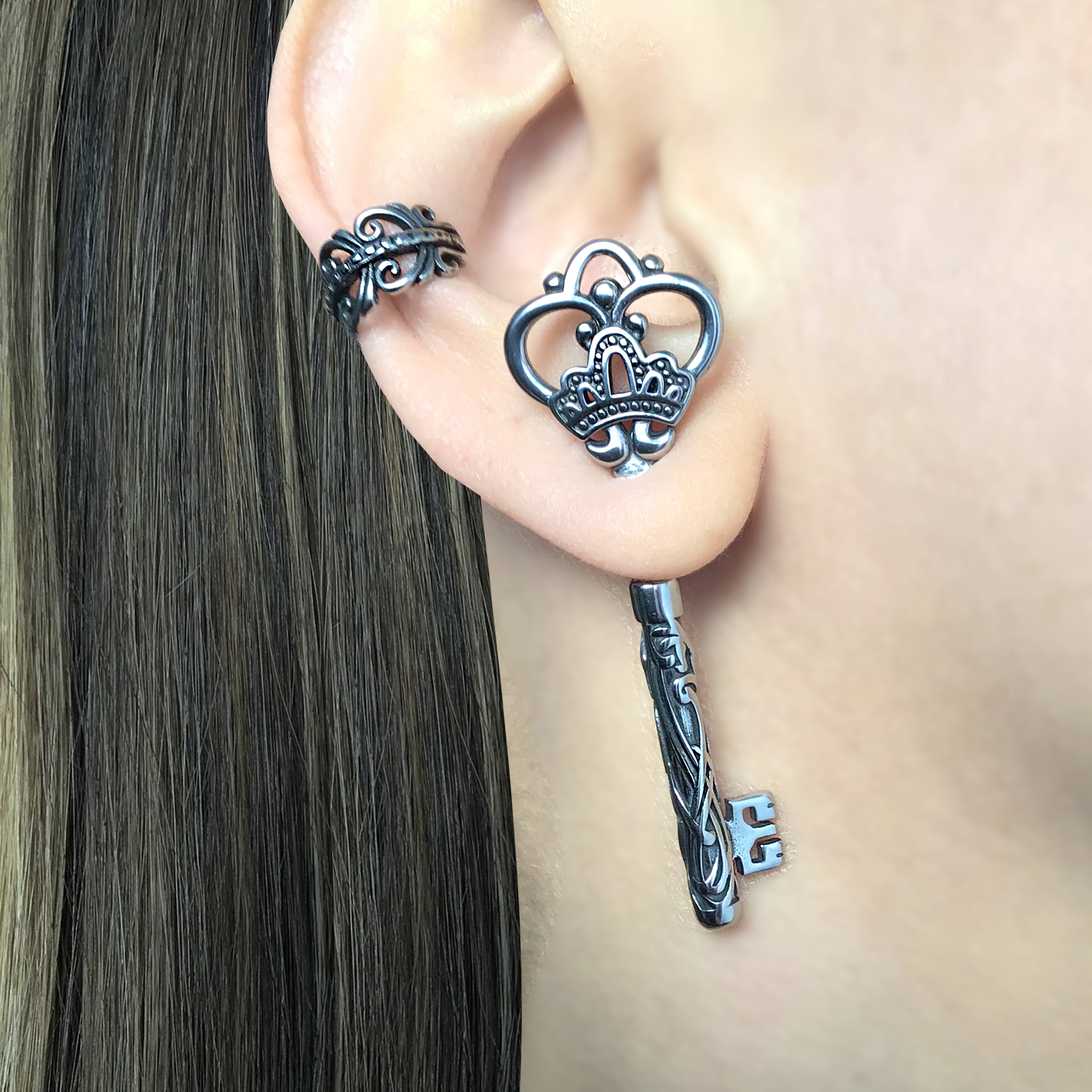 Gothic Crown Key ear jacket