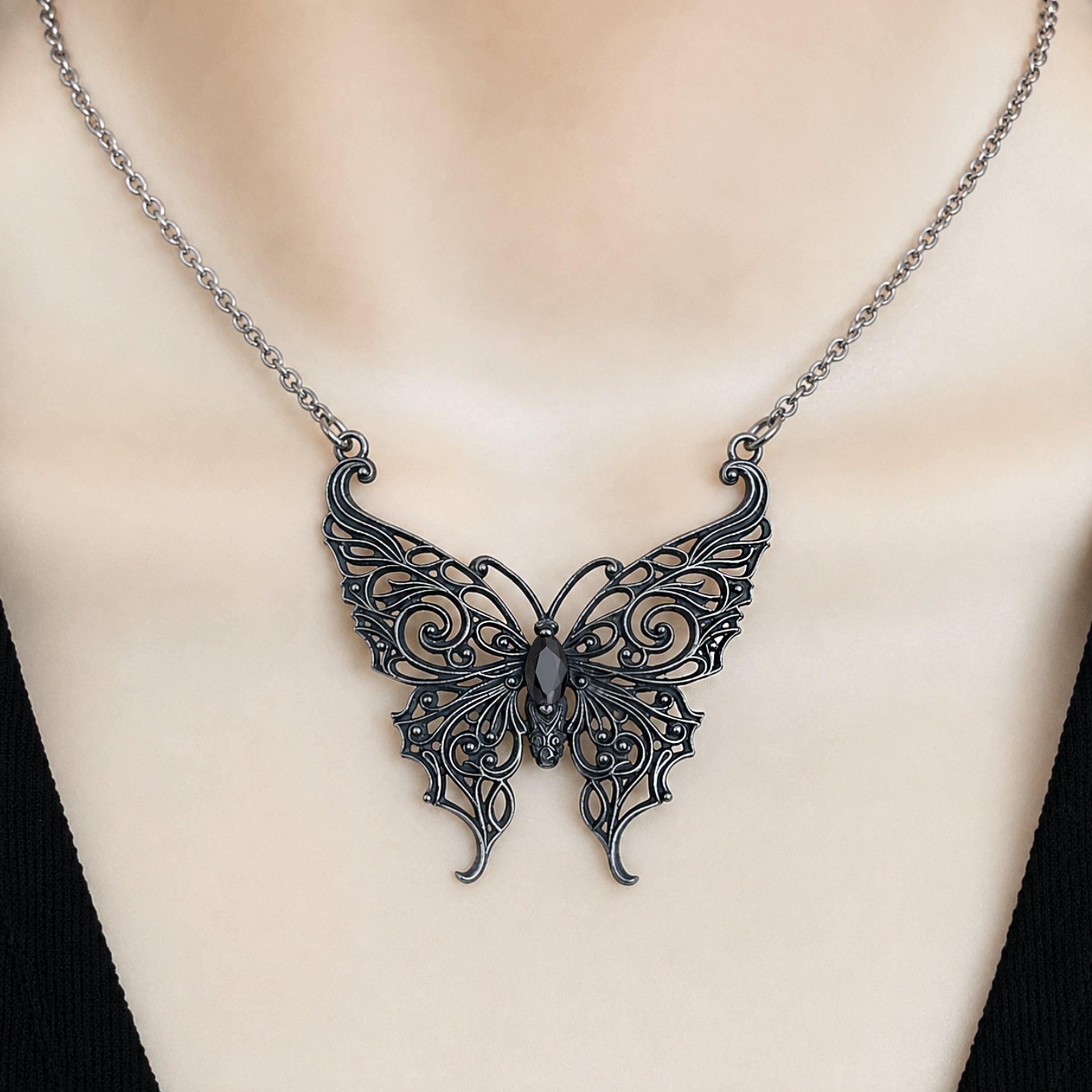 Victorian Lace Butterfly necklace with Black stone
