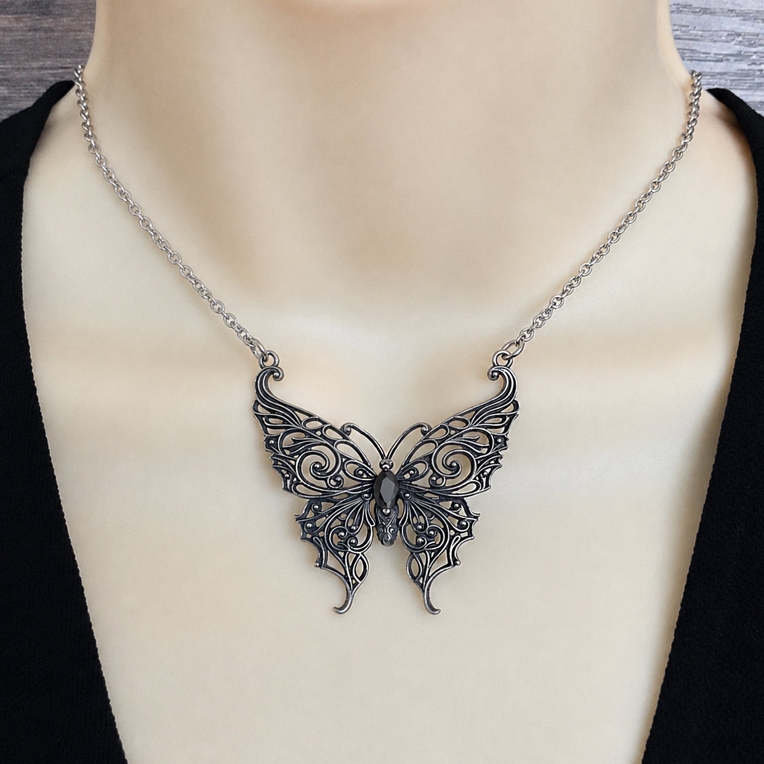Victorian Lace Butterfly necklace with Black stone