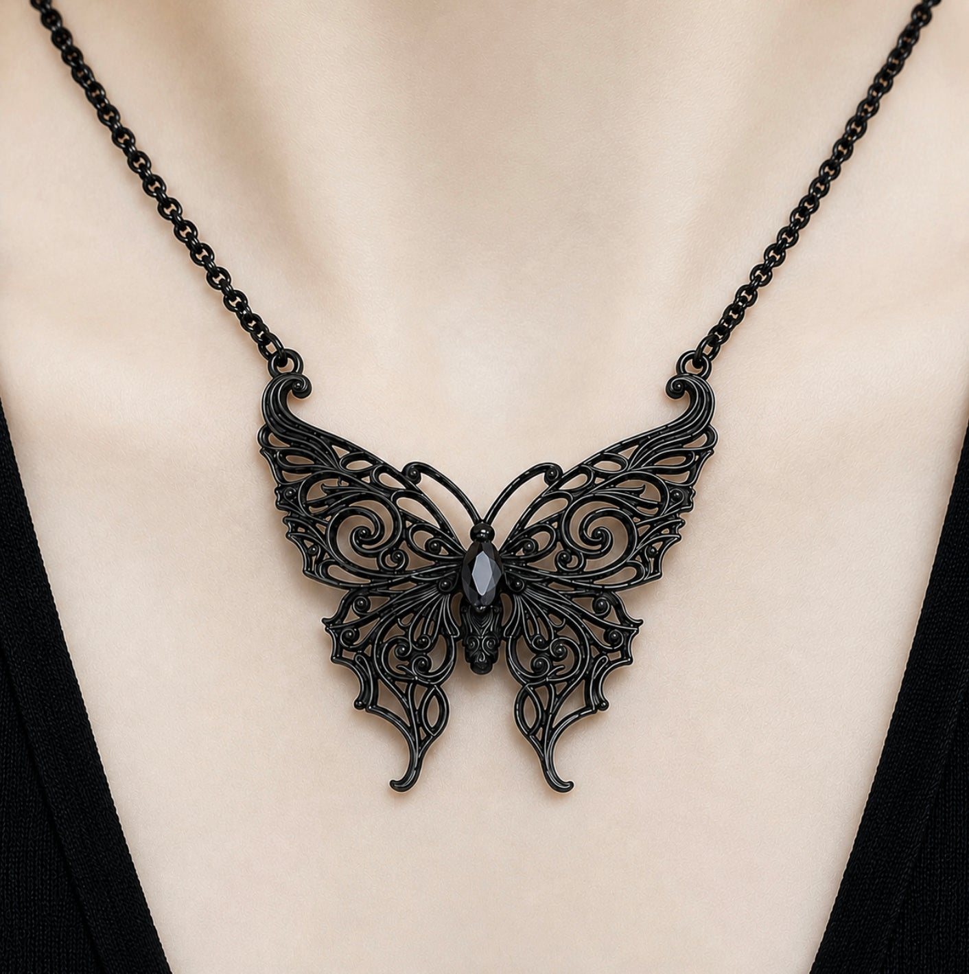 Victorian Lace Butterfly necklace with Black stone