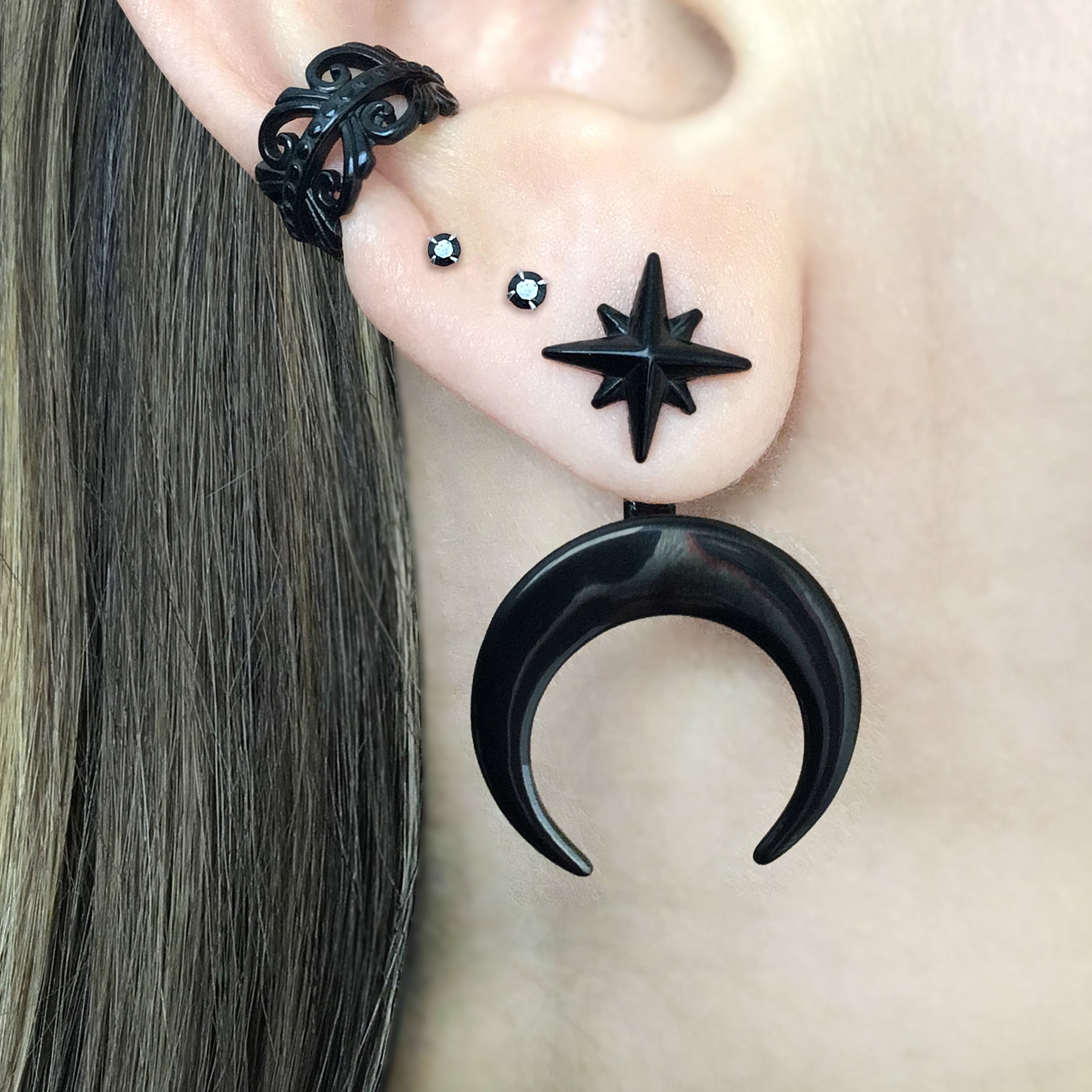 North Star and Moon front back earrings in Black