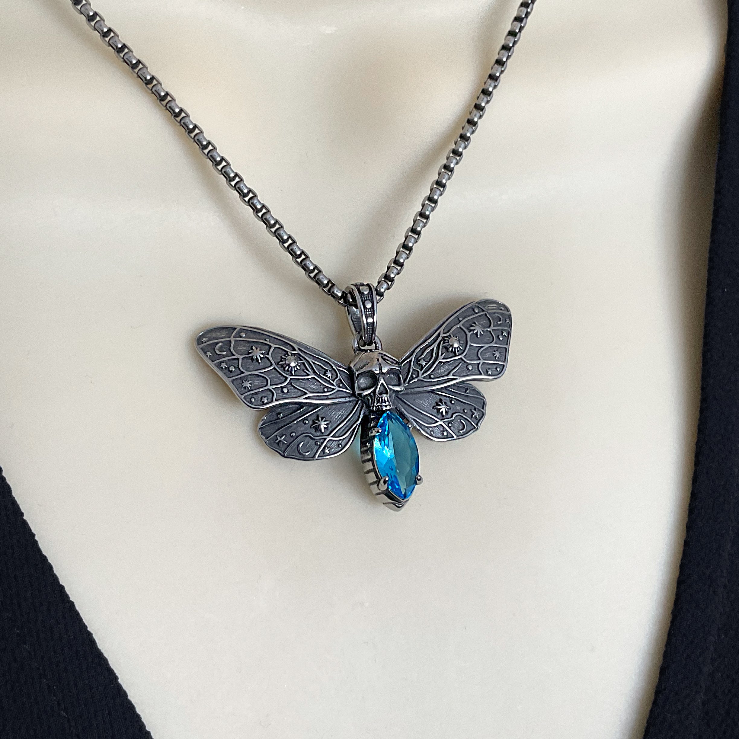Cosmic Skull Moth Necklace with Blue stone