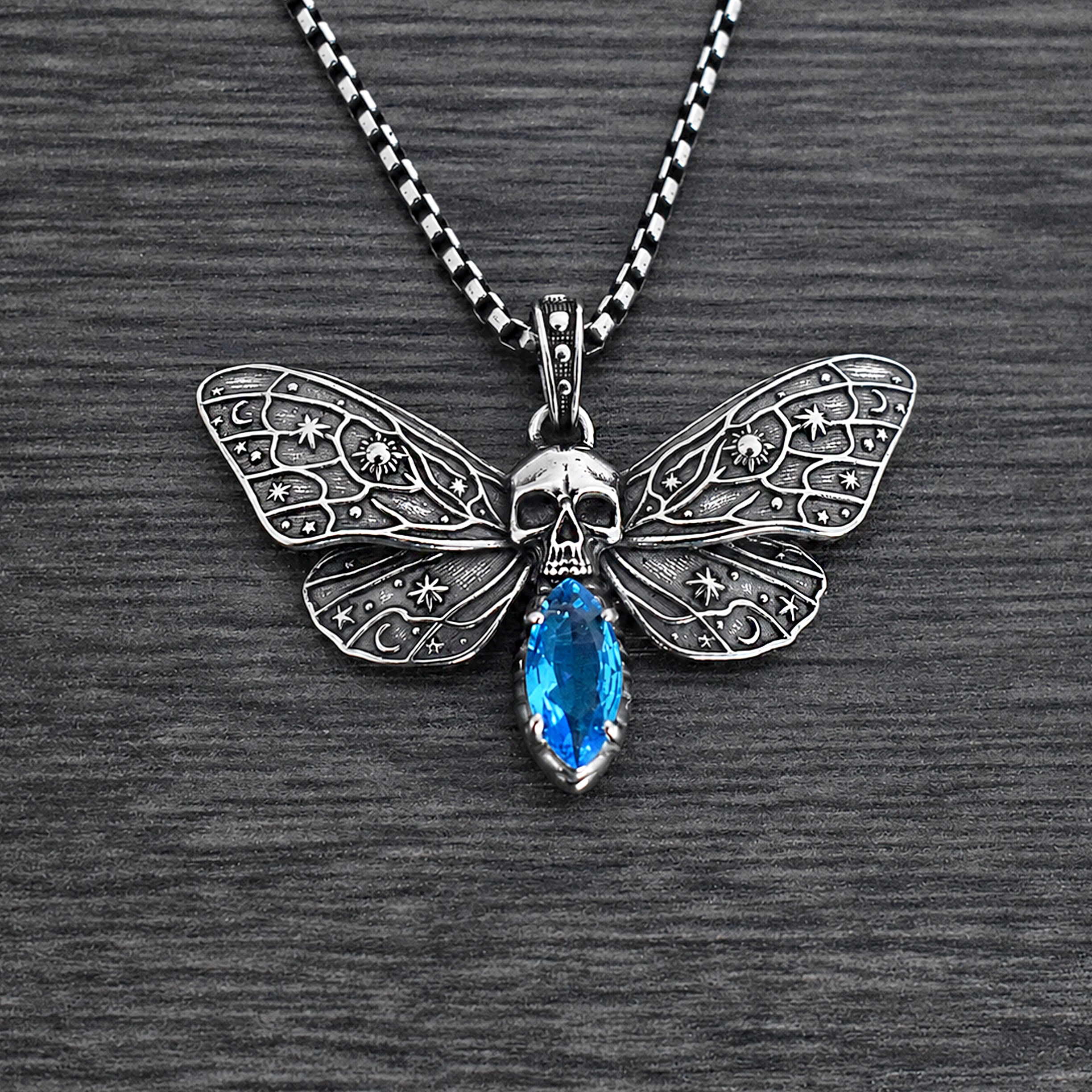 Cosmic Skull Moth Necklace with Blue stone