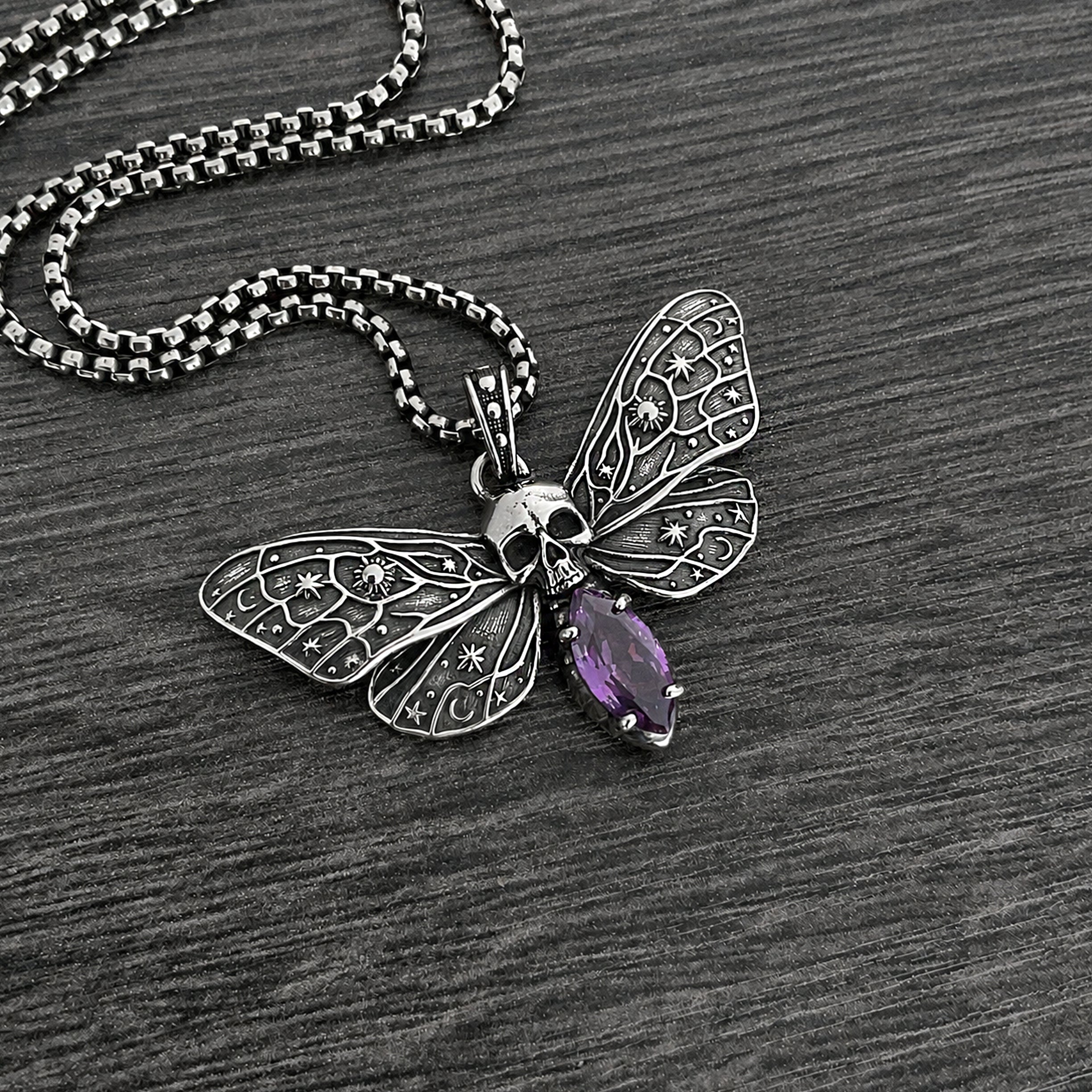 Cosmic Skull Moth Necklace with Purple stone
