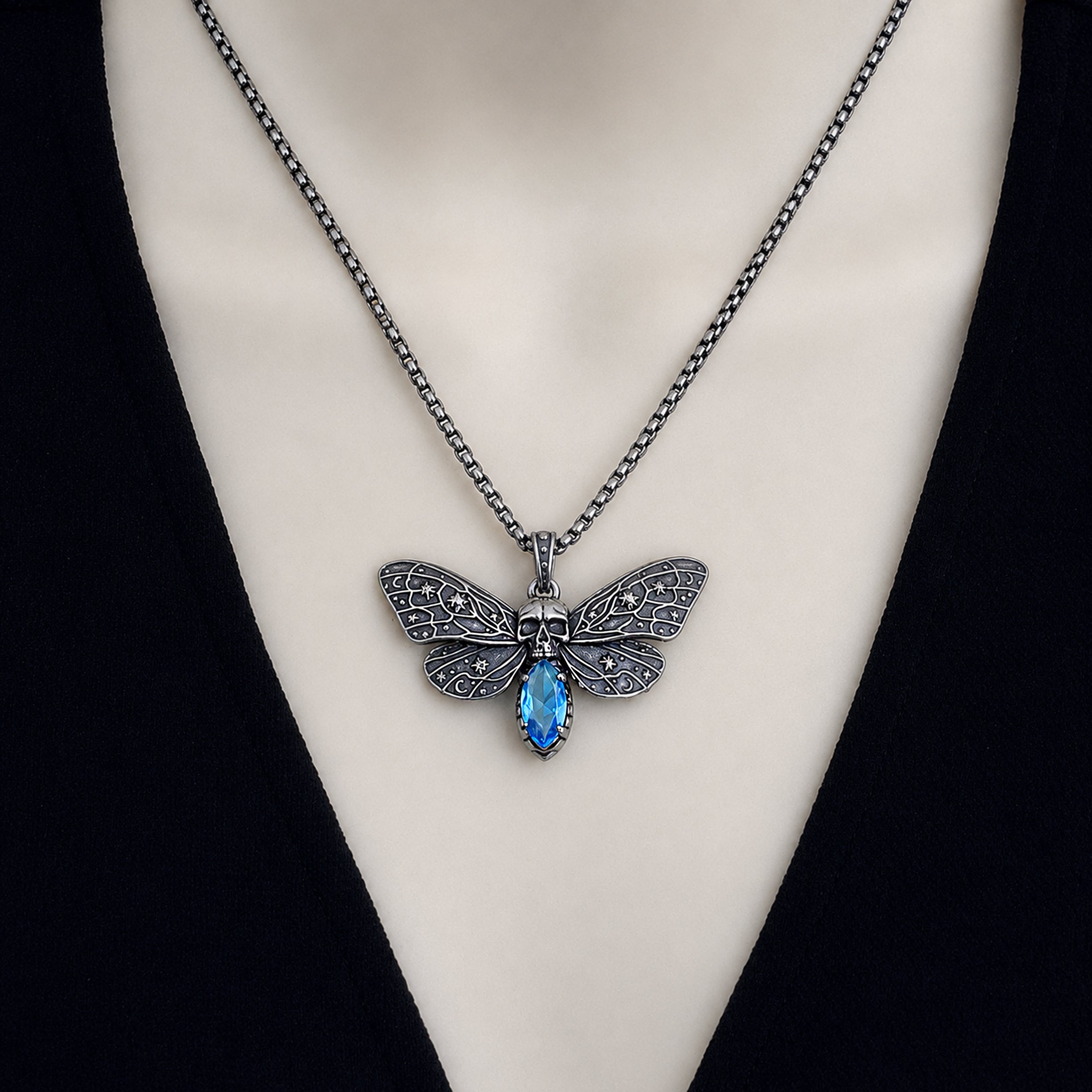 Cosmic Skull Moth Necklace with Blue stone