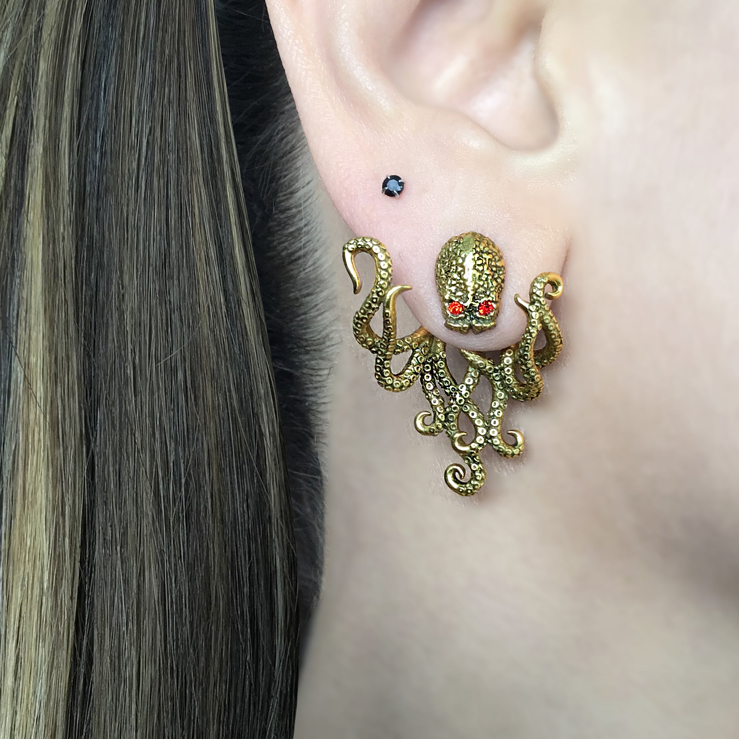Octopus front and back earrings with CZ eyes