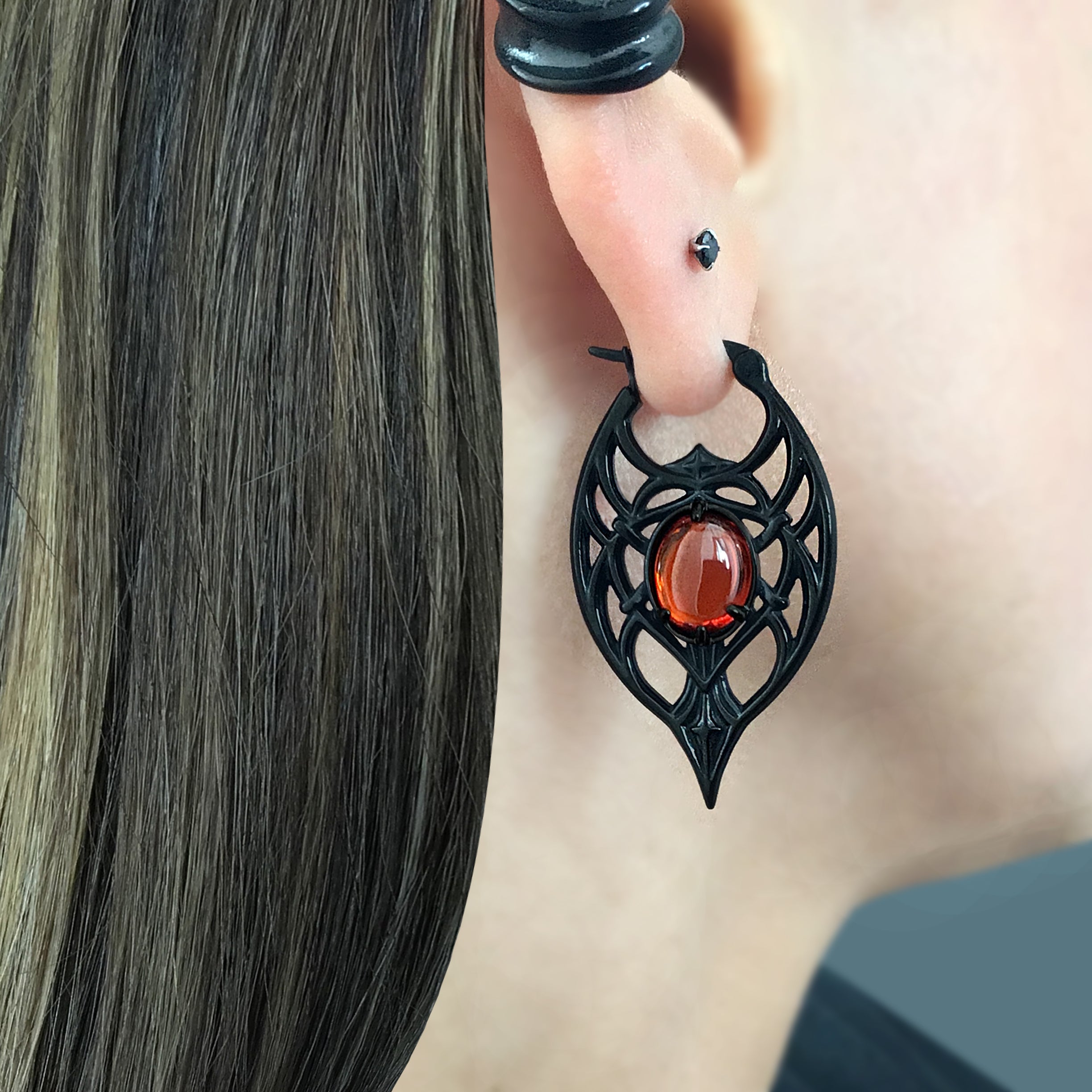 Gothic Ornate Hoop Earrings with Oval Gemstone
