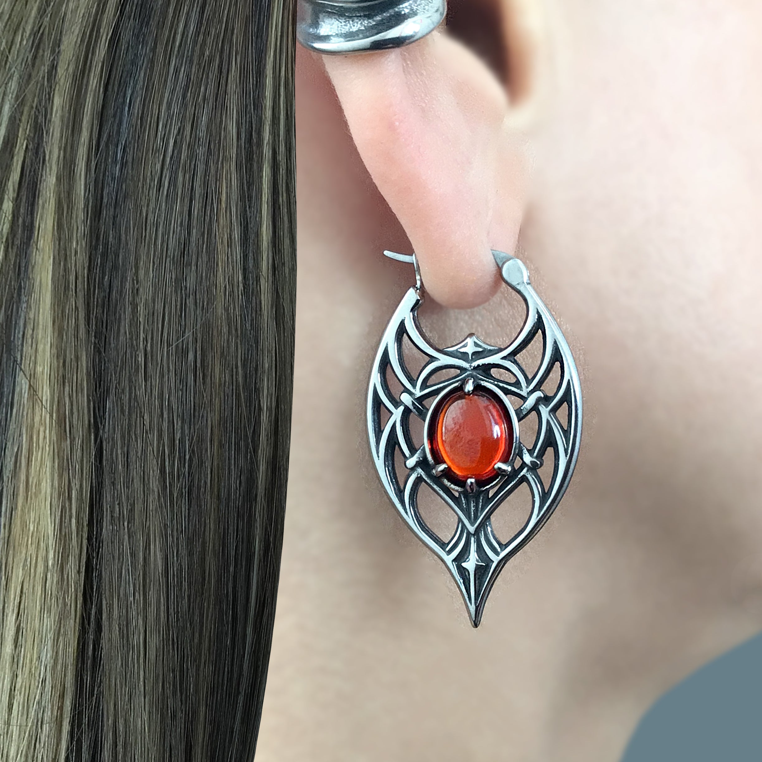Gothic Ornate Hoop Earrings with Oval Gemstone