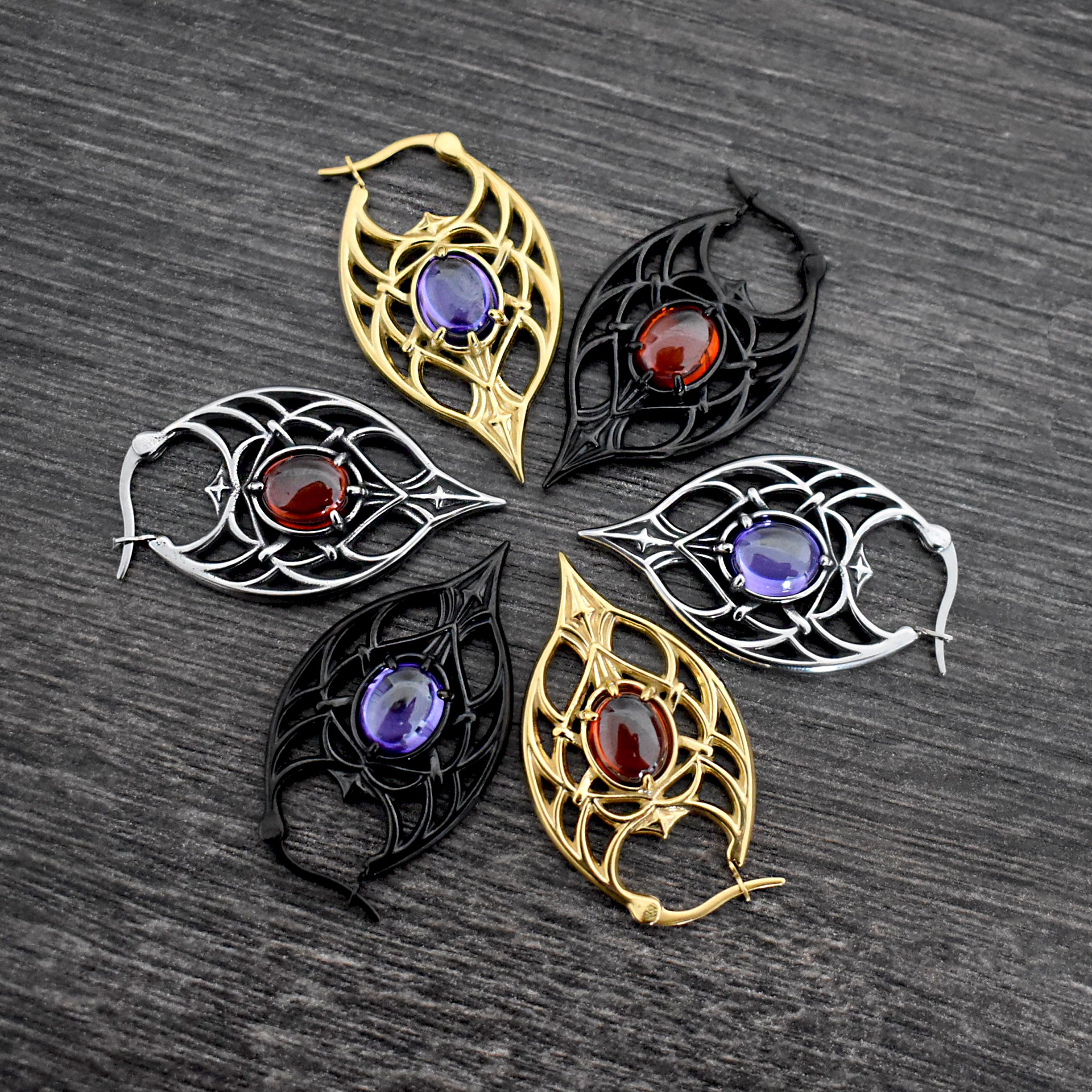 Gothic Ornate Hoop Earrings with Oval Gemstone