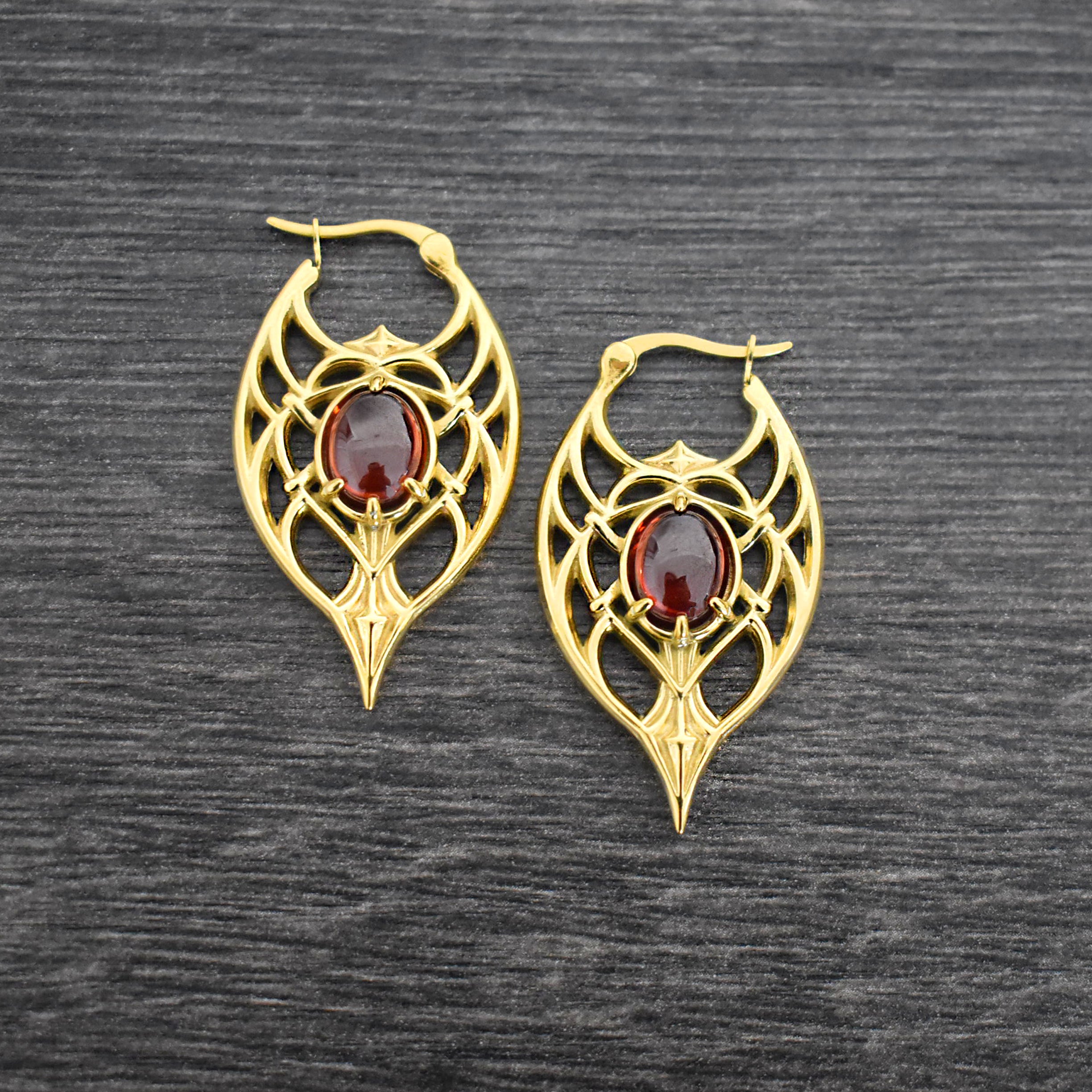 Gothic Ornate Hoop Earrings with Oval Gemstone