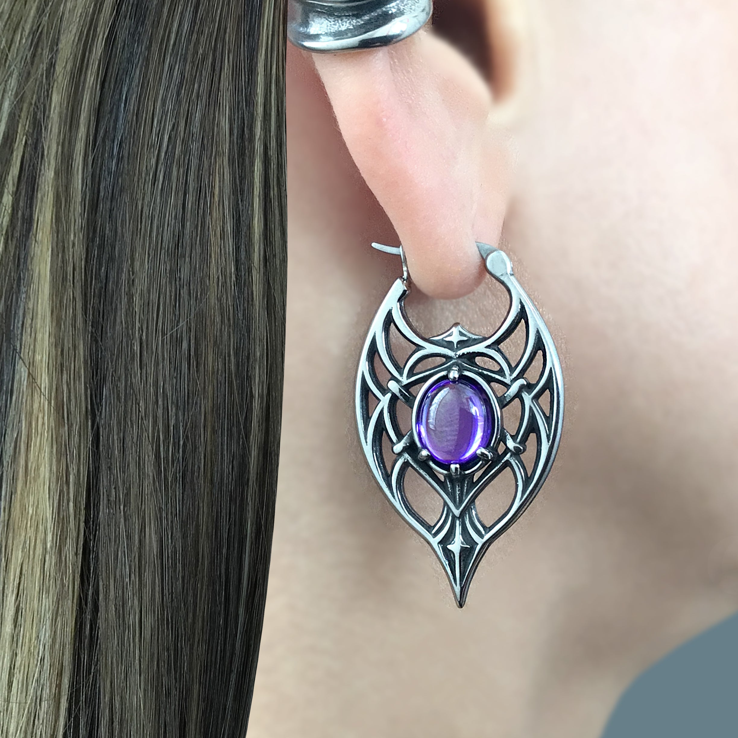 Gothic Ornate Hoop Earrings with Purple Gemstone