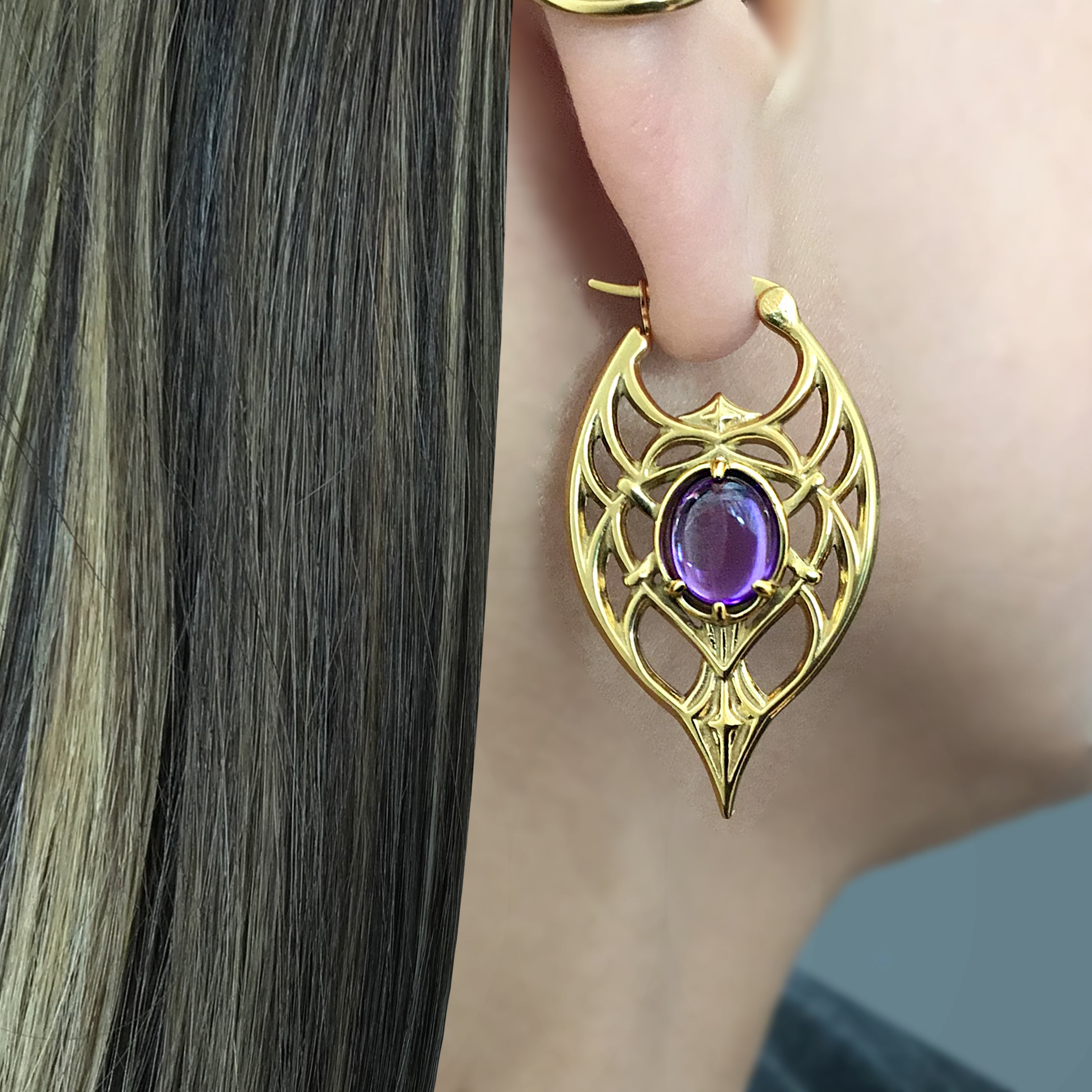 Gothic Ornate Hoop Earrings with Purple Gemstone