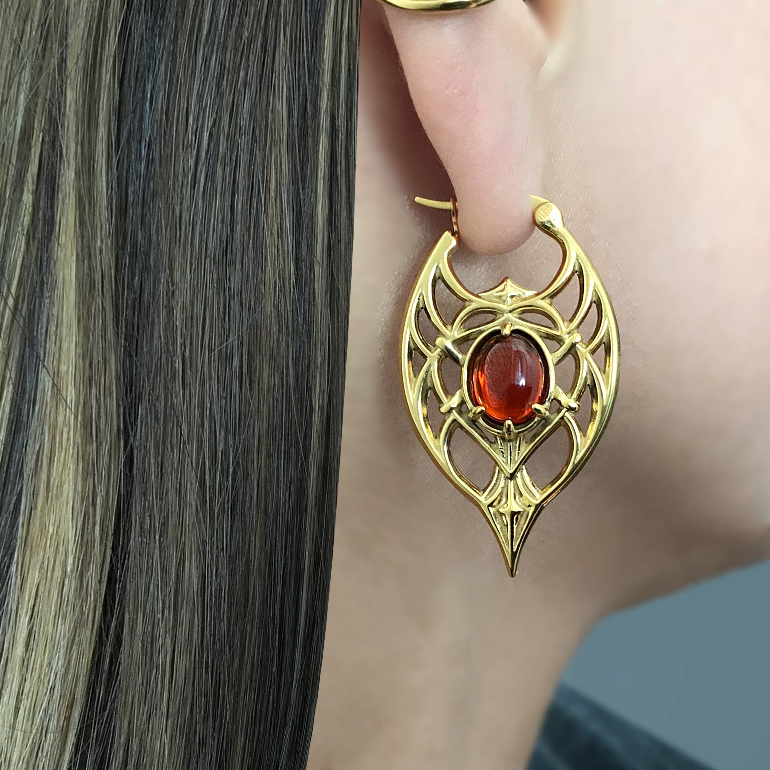 Gothic Ornate Hoop Earrings with Oval Gemstone