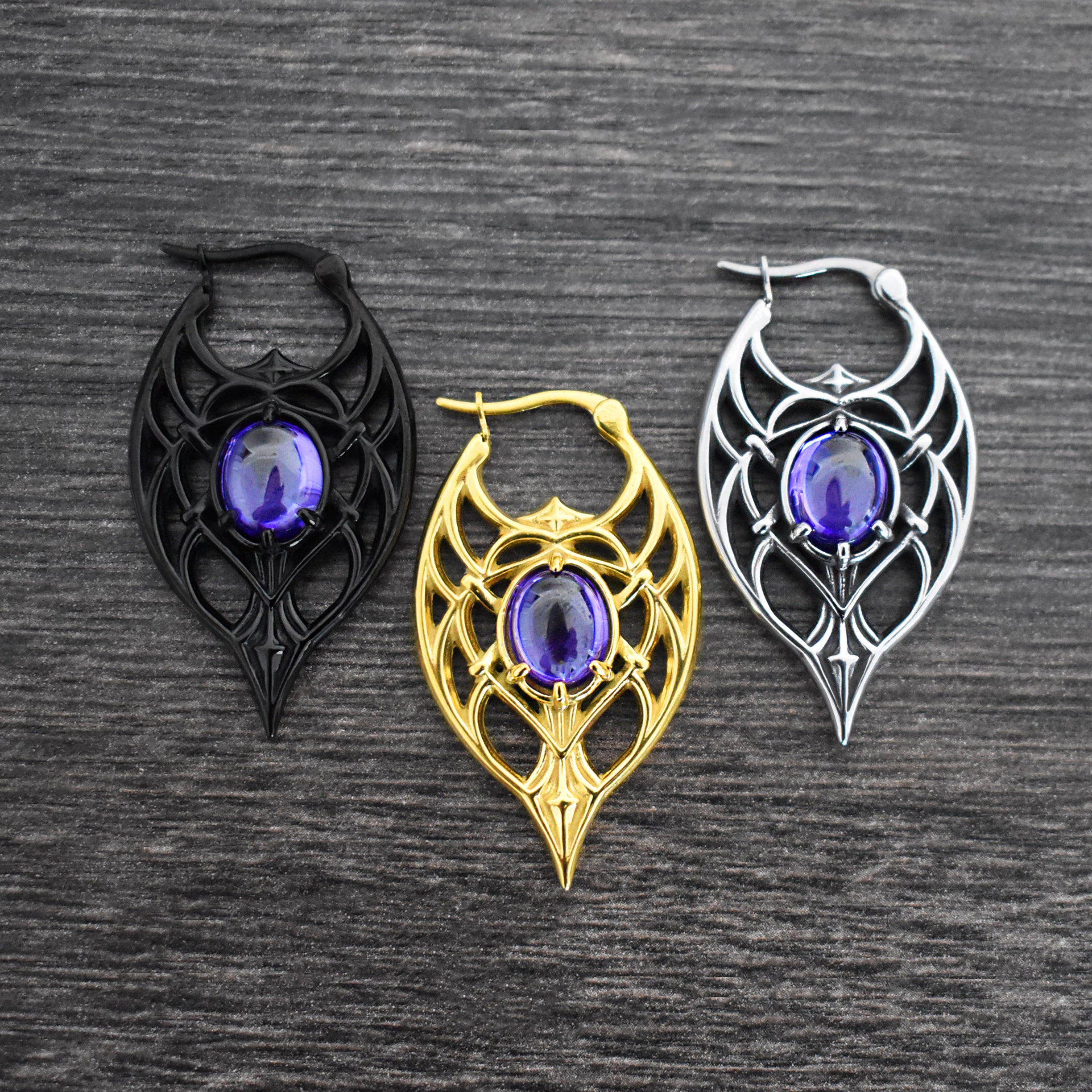 Gothic Ornate Hoop Earrings with Purple Gemstone
