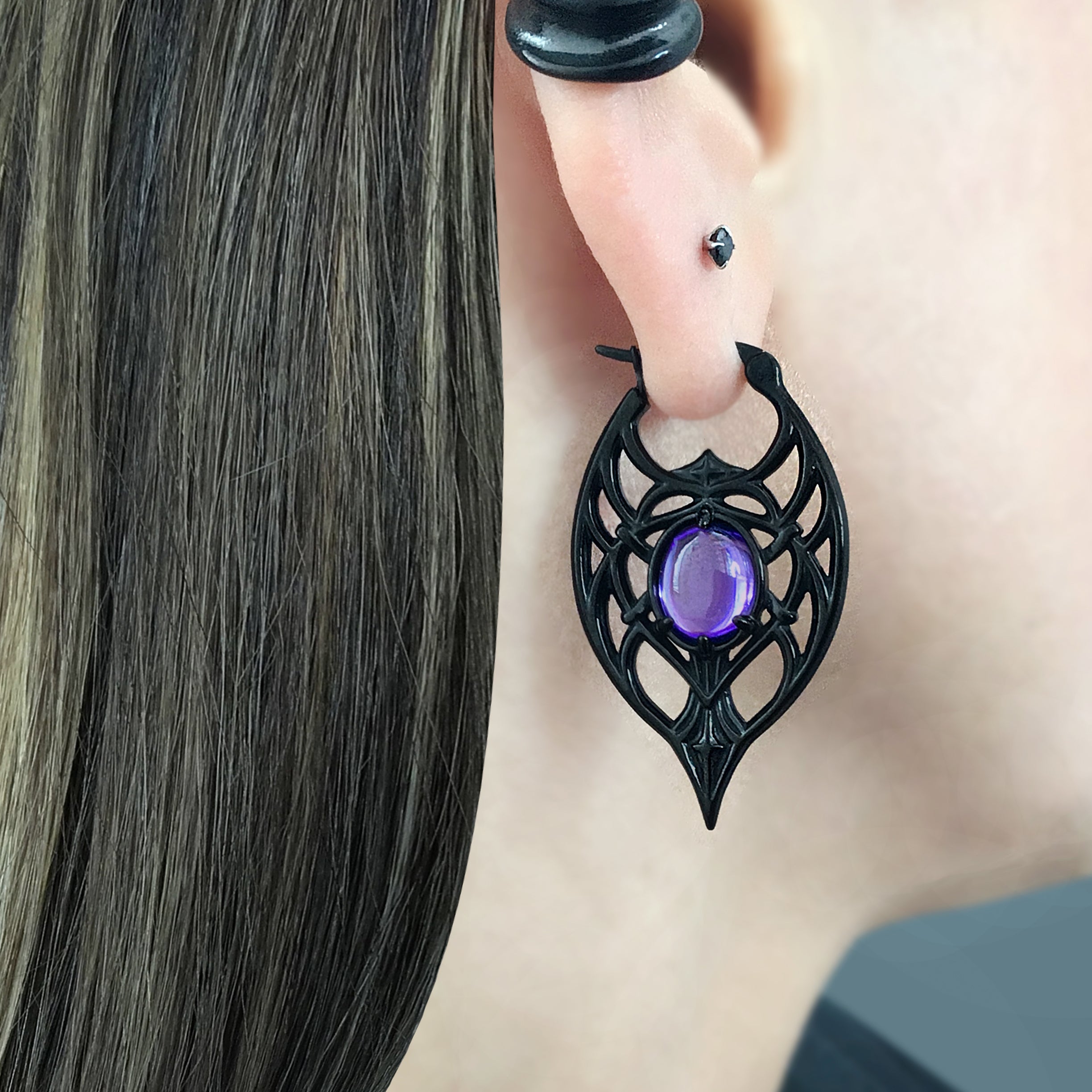 Gothic Ornate Hoop Earrings with Purple Gemstone
