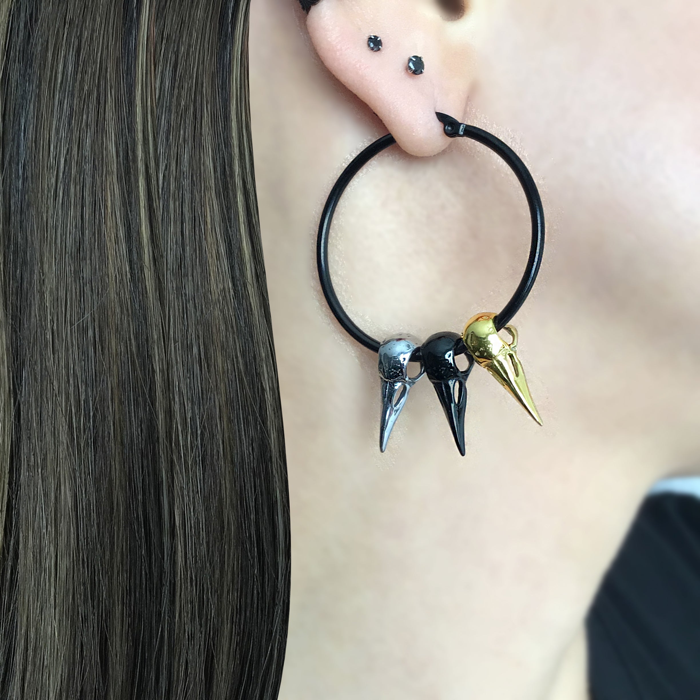Three Raven skulls hoops