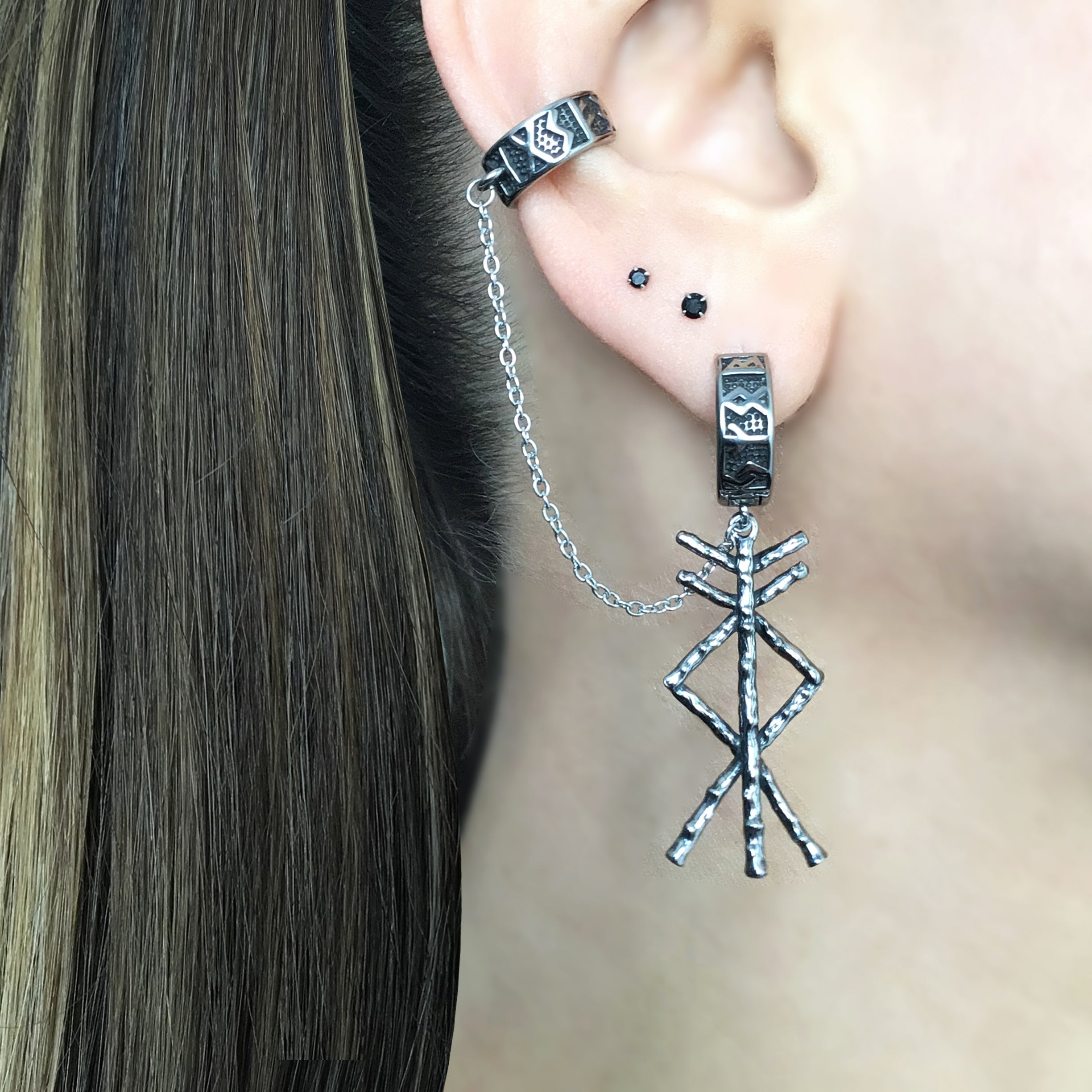 Rune bind hoop earrings with ear cuff