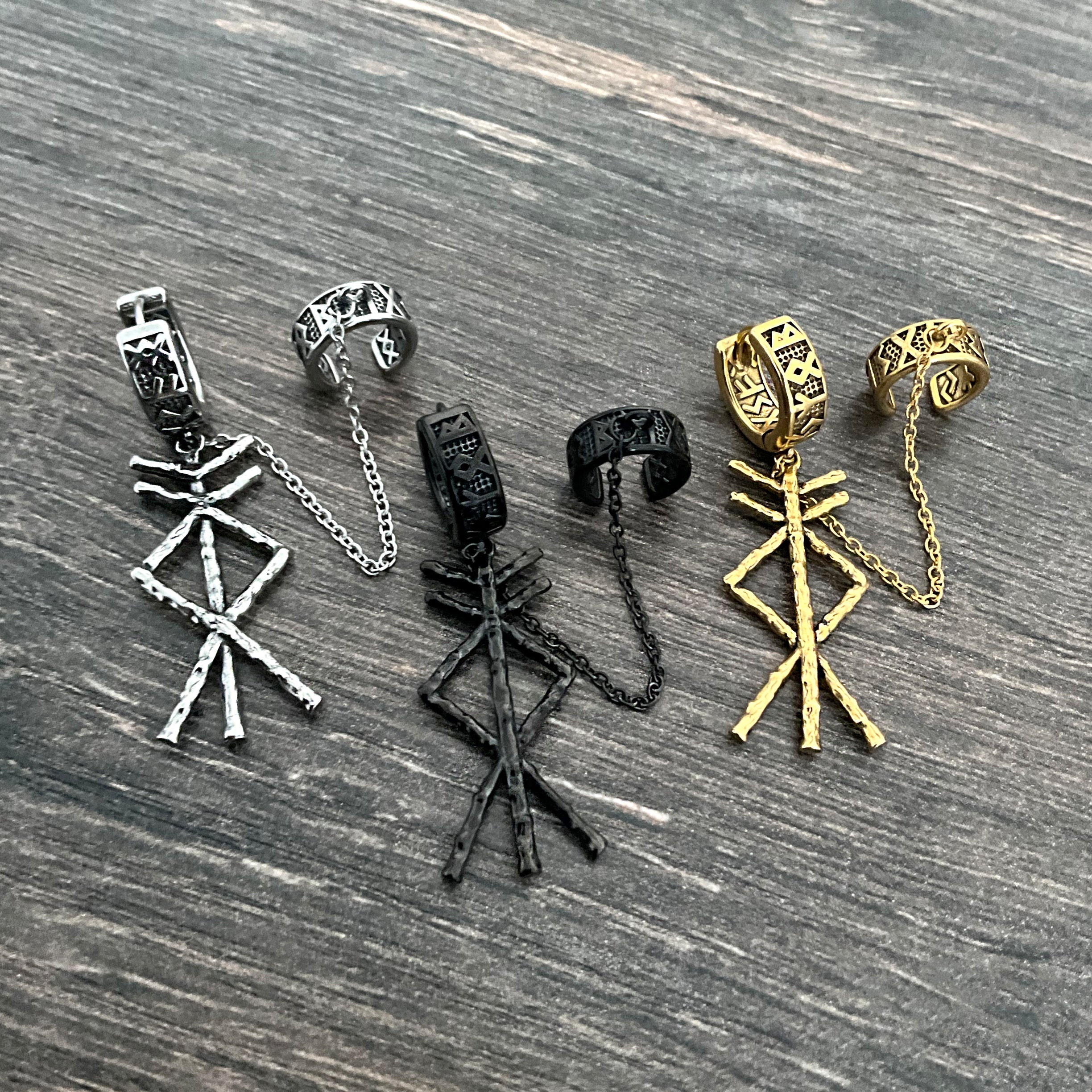 Rune bind hoop earrings with ear cuff