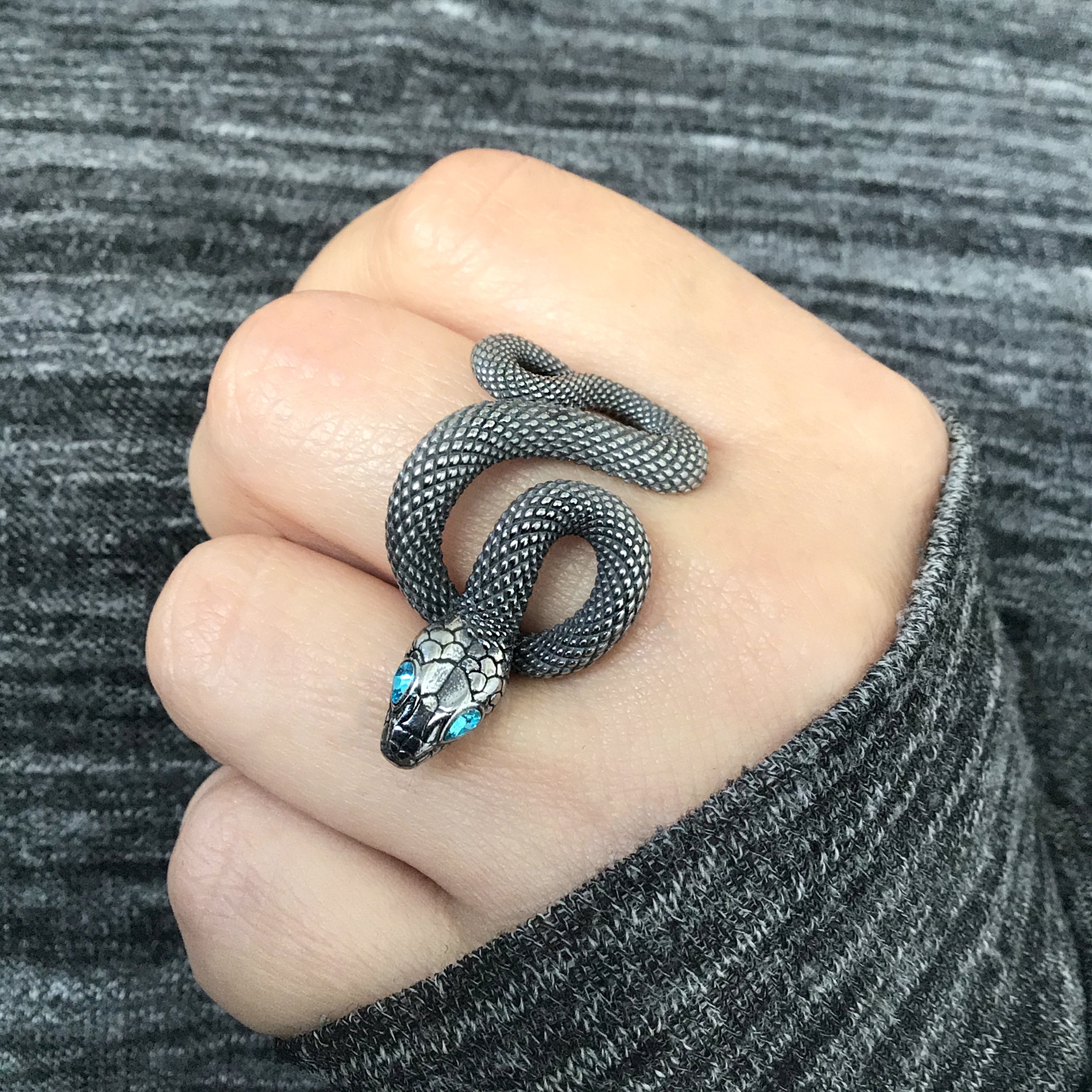 Snake ring with Aquamarine CZ eyes