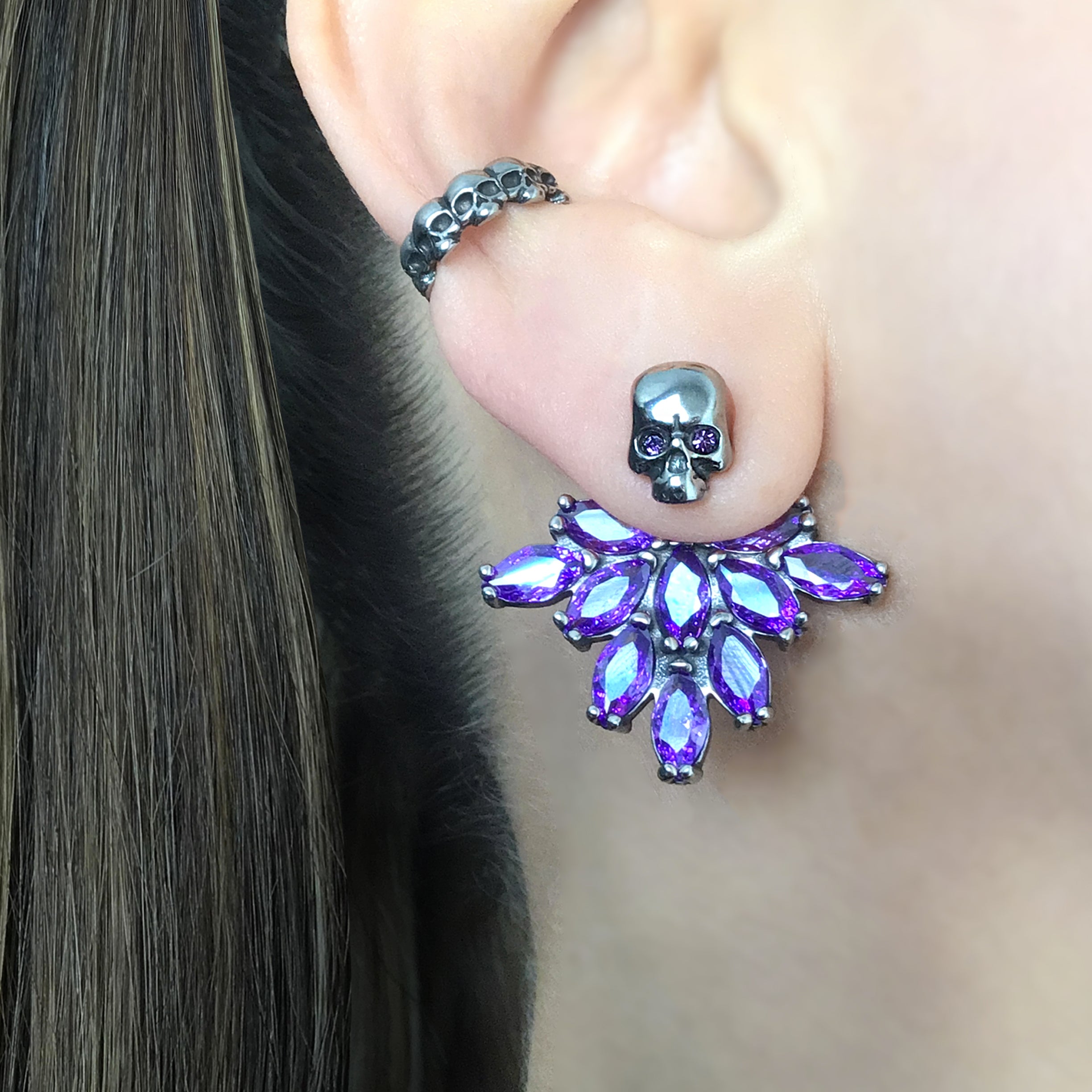Skull and Crystals ear jacket in Blue