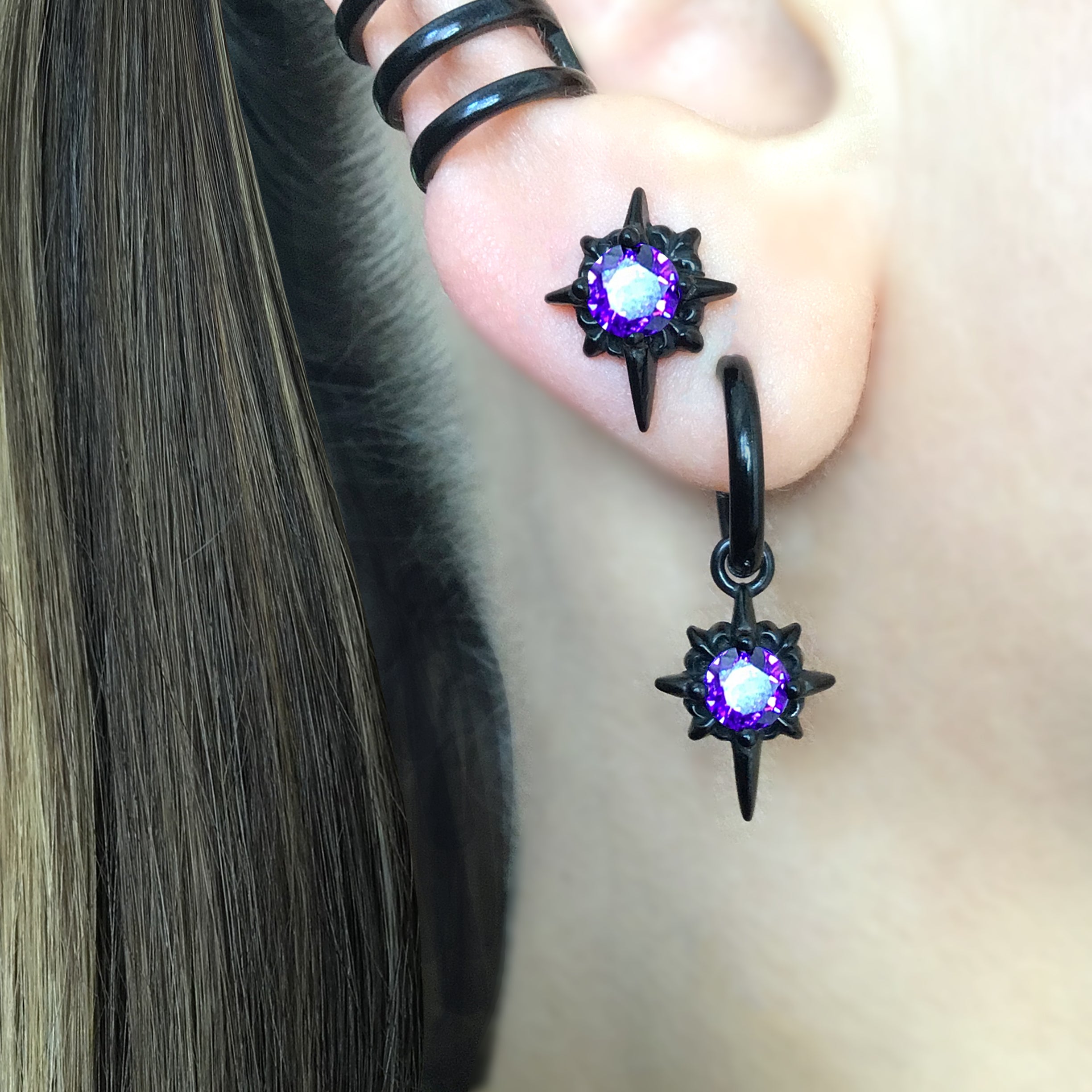 North Star hoops with Black CZ