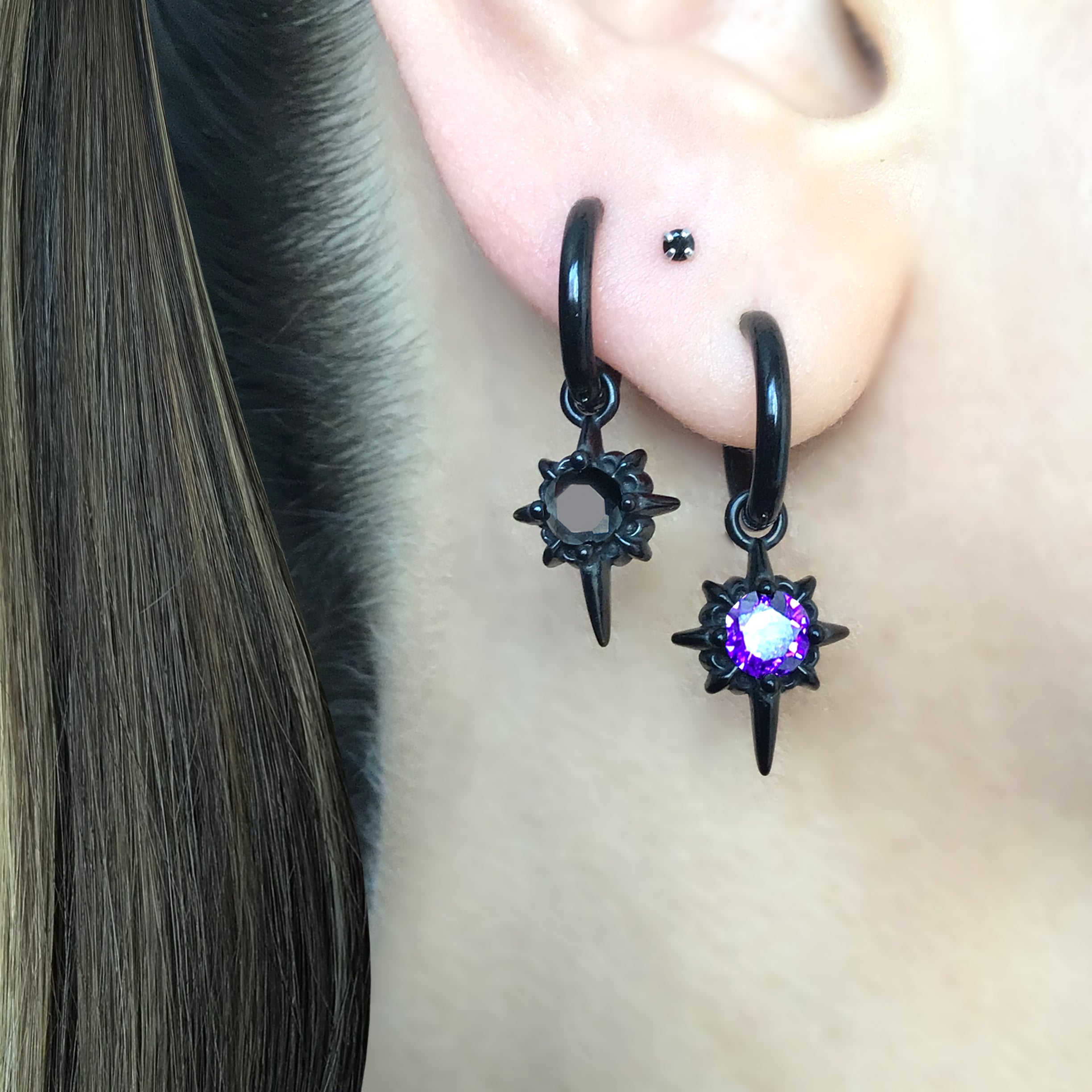 North Star hoops with Black CZ