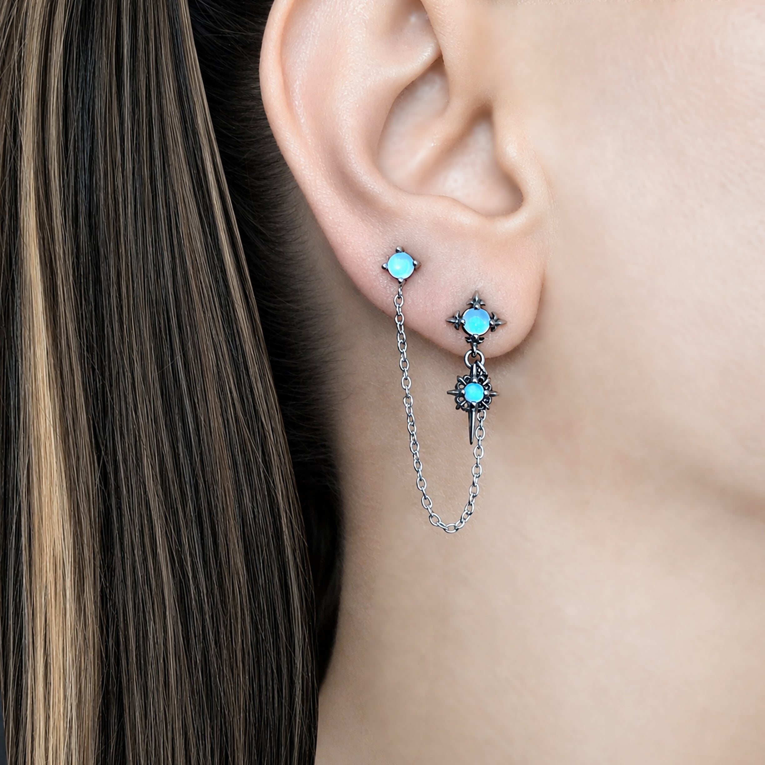 Double piercing Gothic Star earring with Blue glass