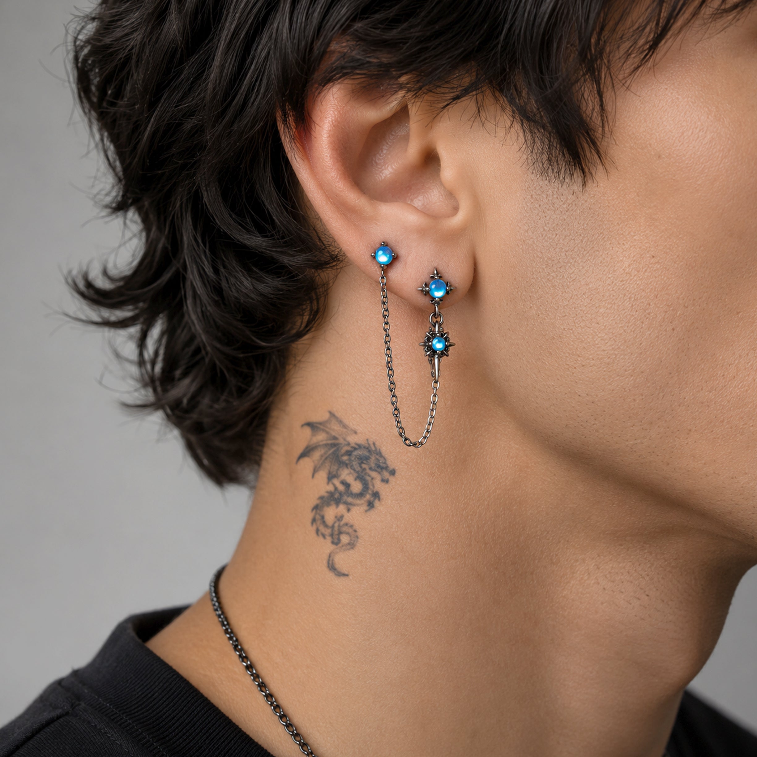 Double piercing Gothic Star earring with Blue glass