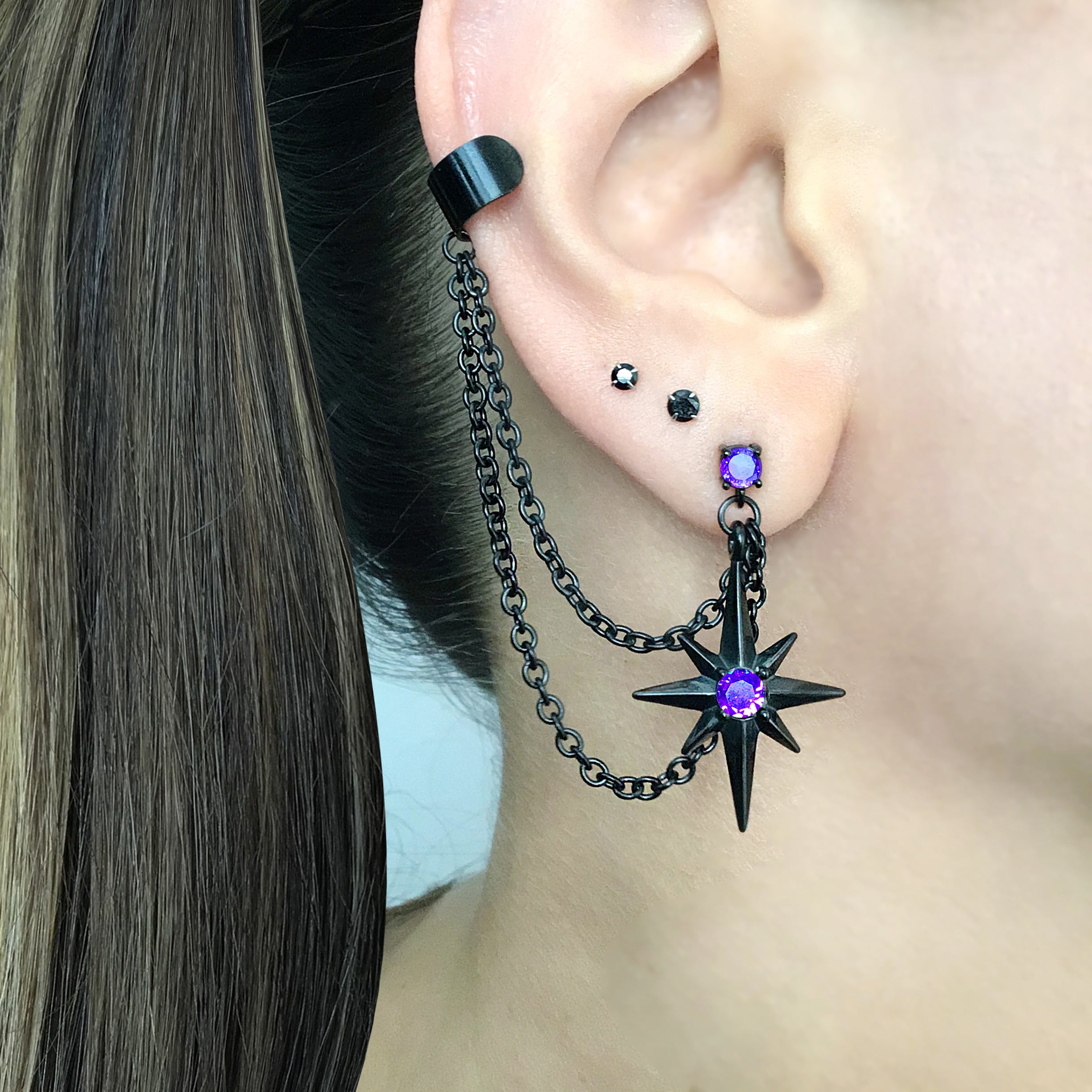 North Star earrings with Purple CZ and ear cuff