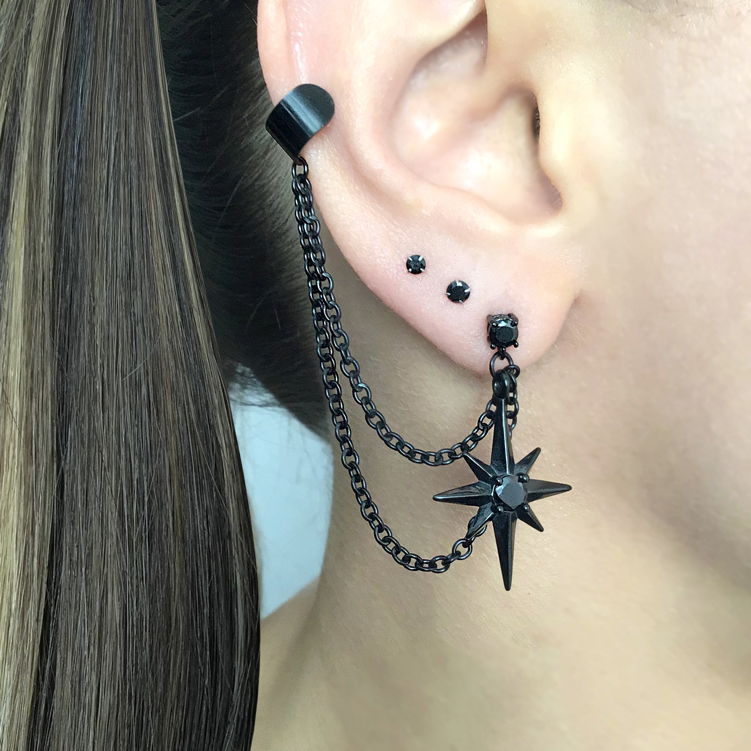 North Star earring with ear cuff attached in Black