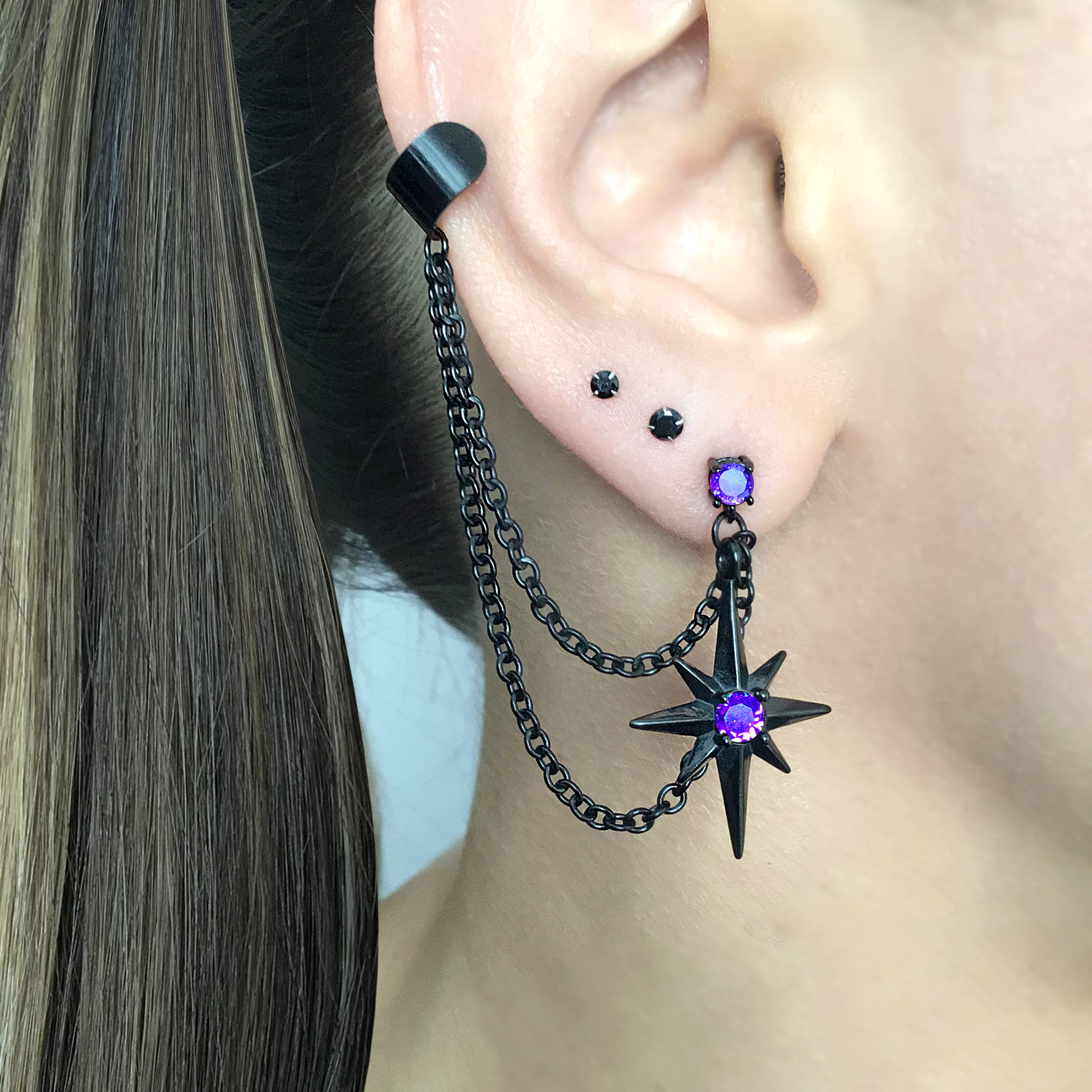 North Star earring with ear cuff attached in Black