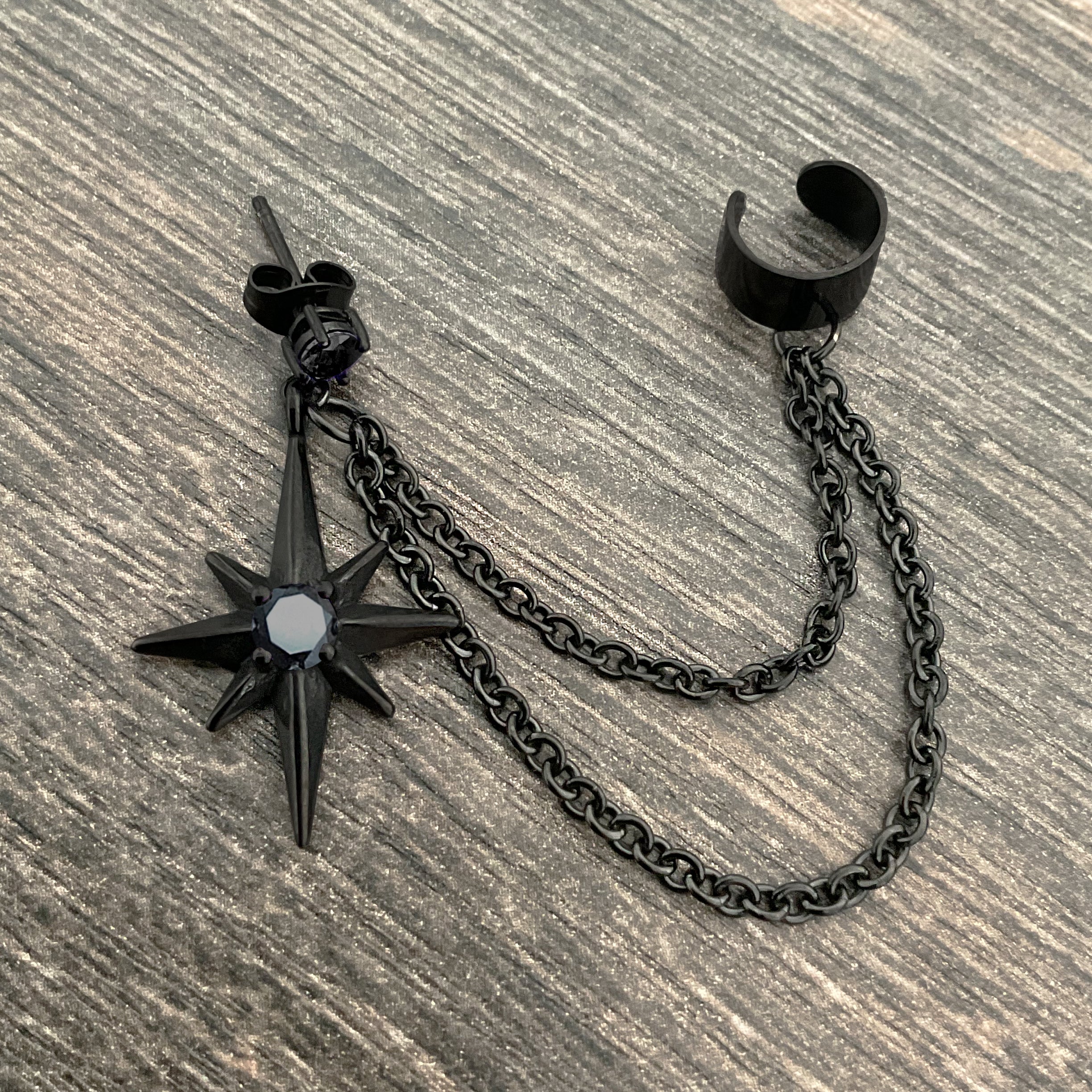 North Star earring with ear cuff attached in Black