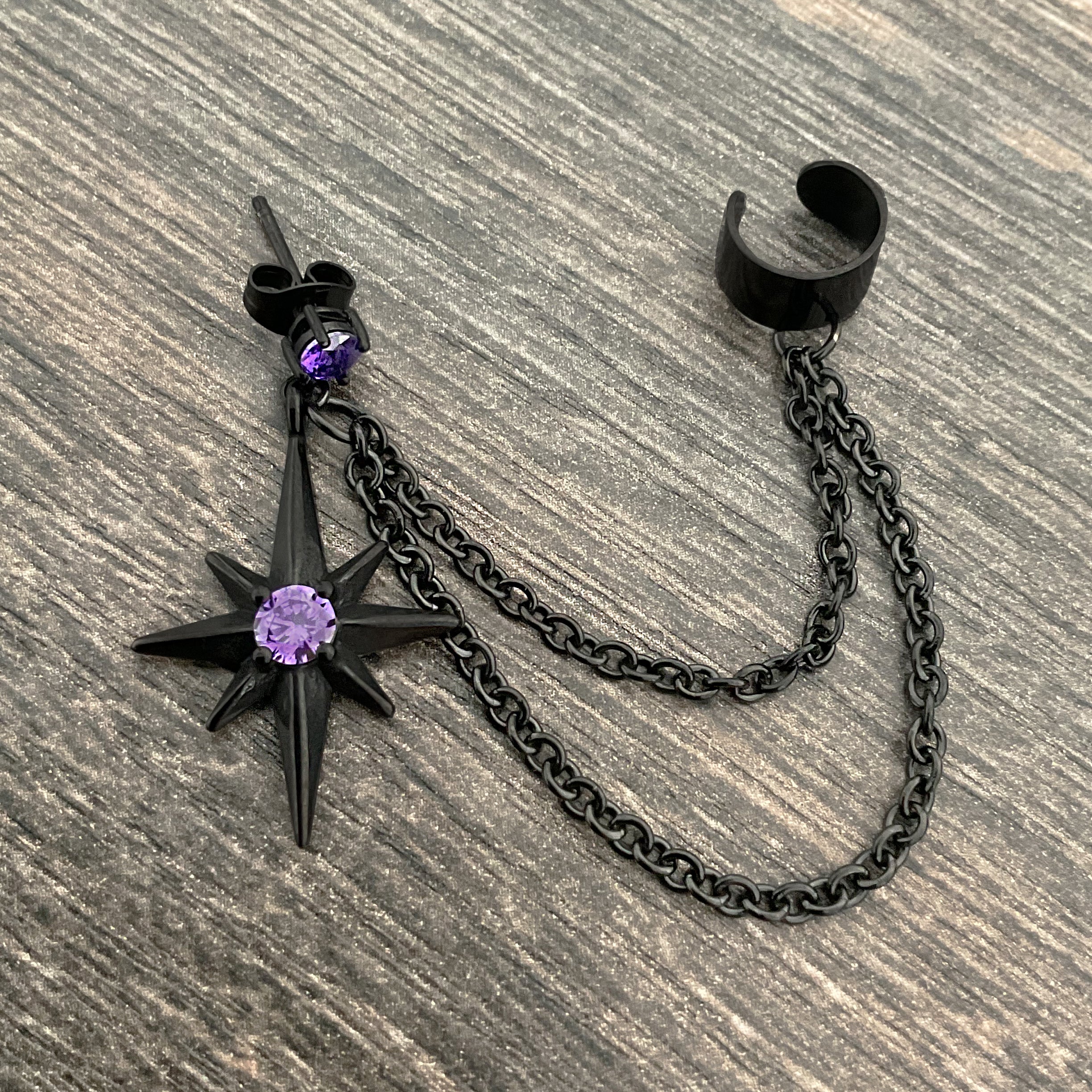 North Star earring with ear cuff attached in Black