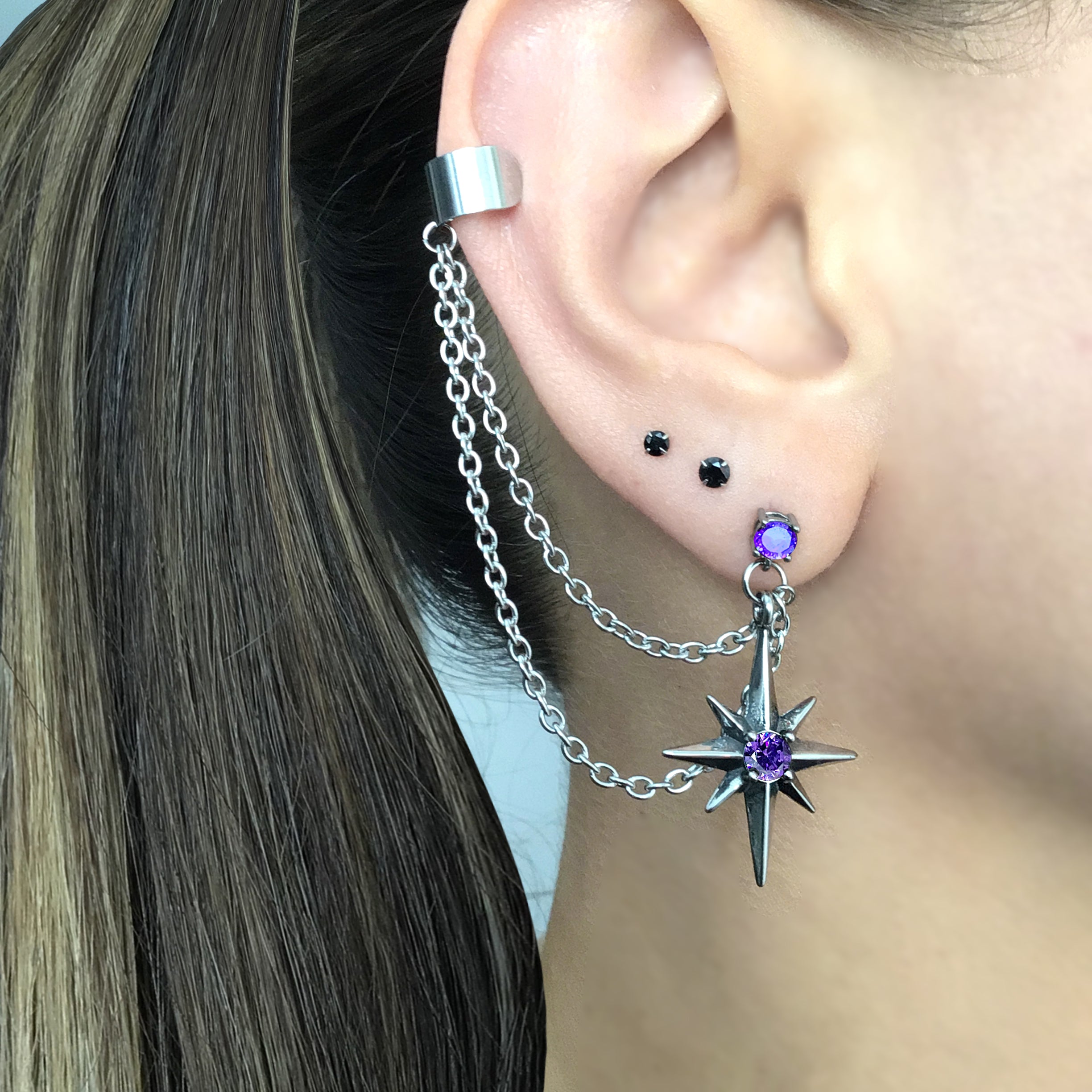 North Star earrings with Purple CZ and ear cuff