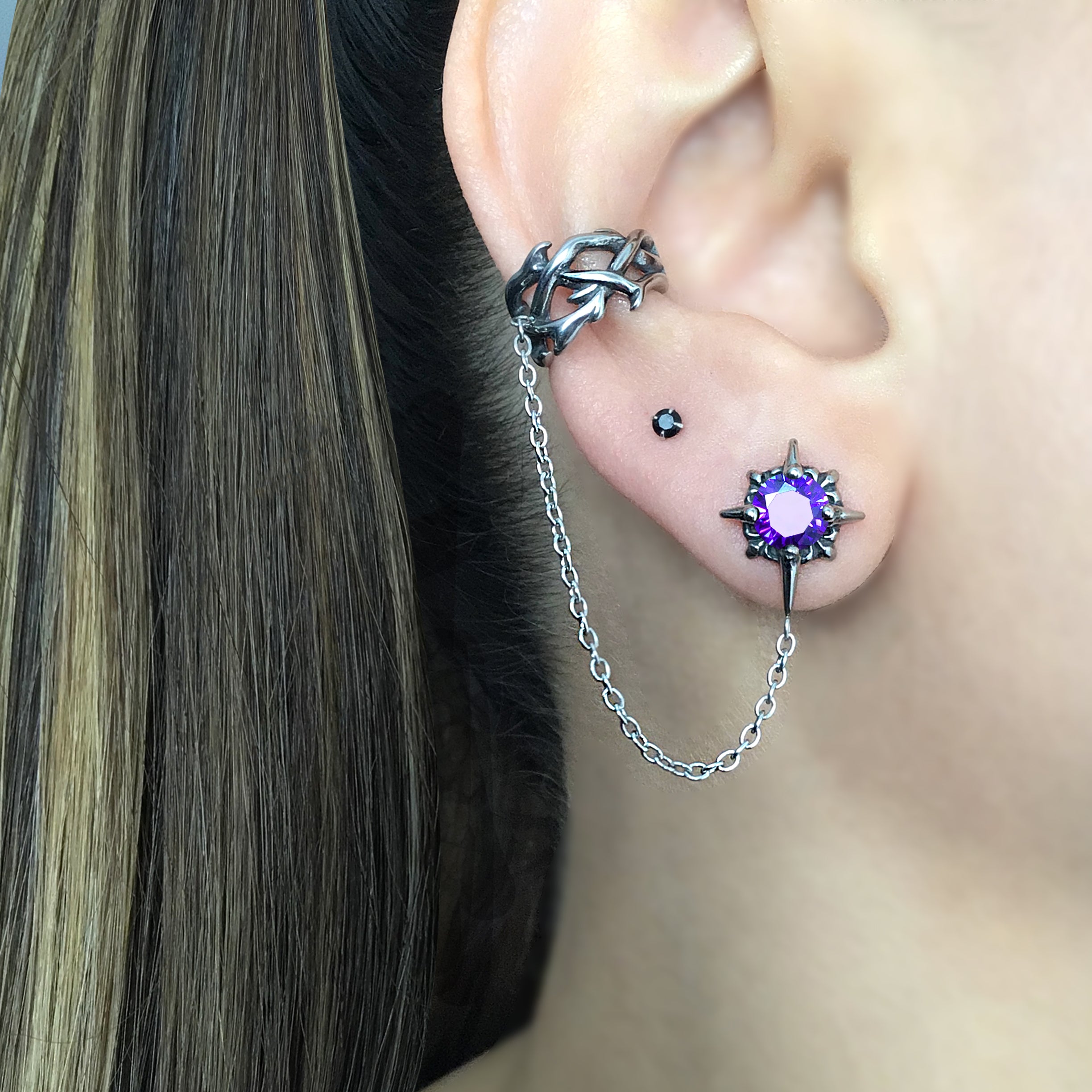 Starburst stud with ear cuff attached